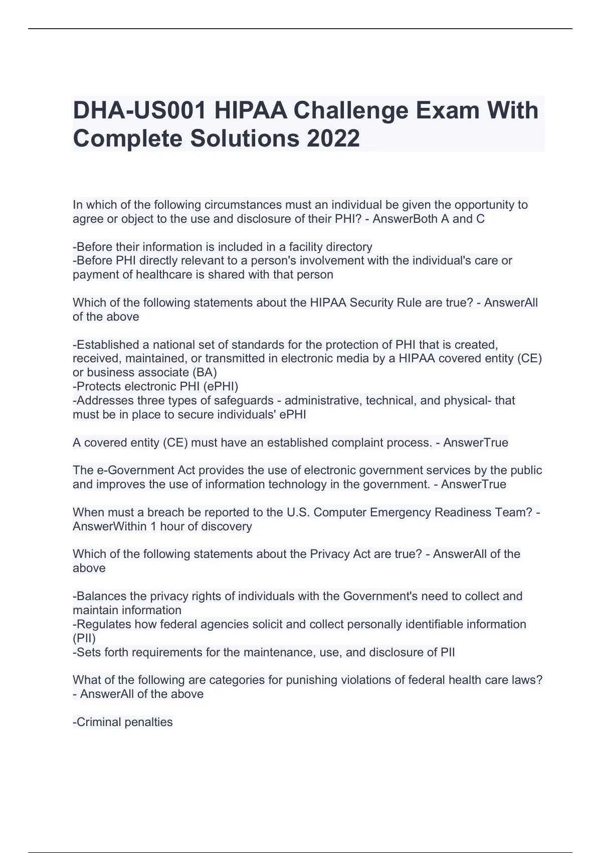 DHAUS001 HIPAA Challenge Exam With Complete Solutions 2022 DHAUS001