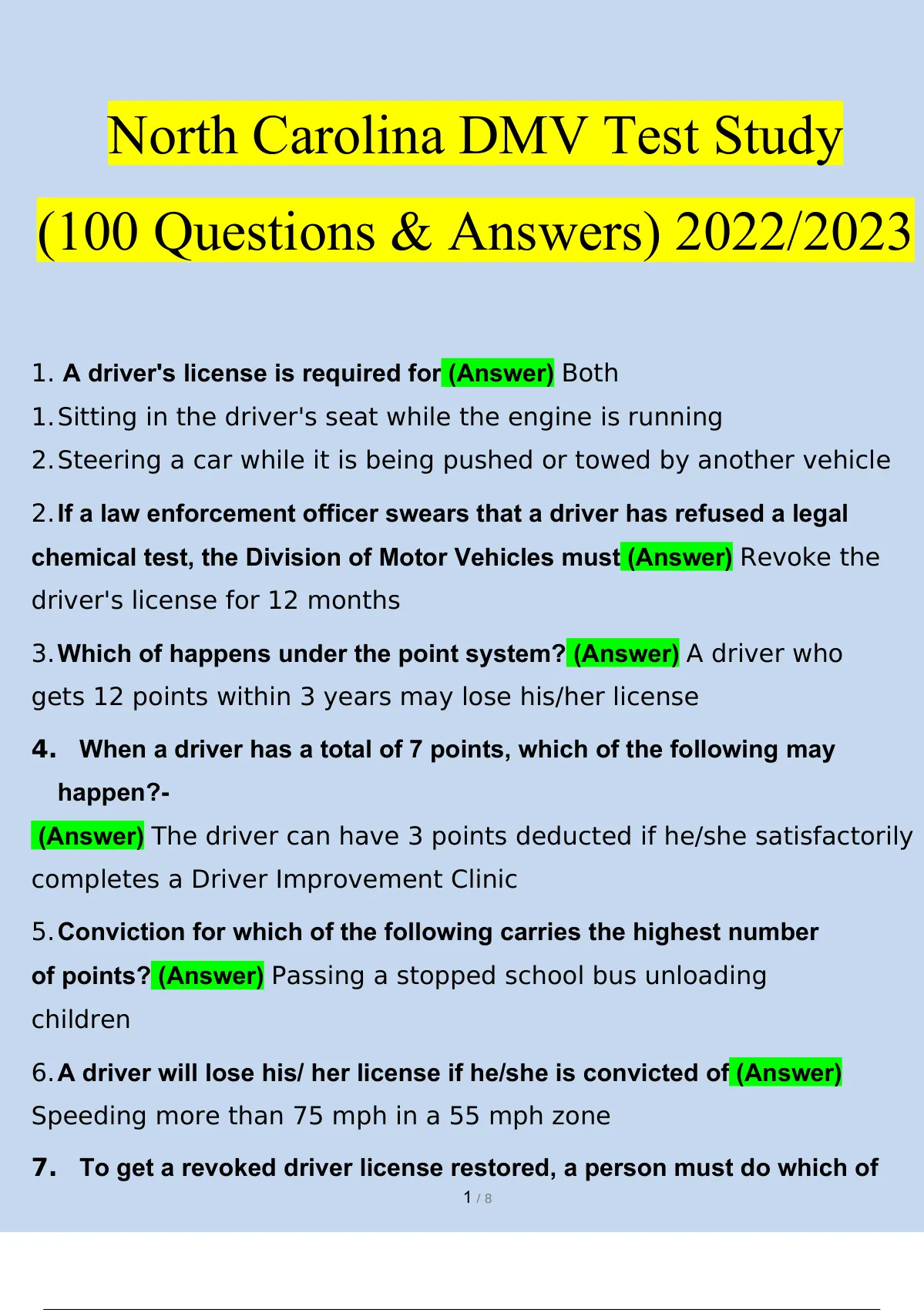 115 Question and Answers DMV Test (Latest 2022/2023) Download to Score A, Exams Engineering