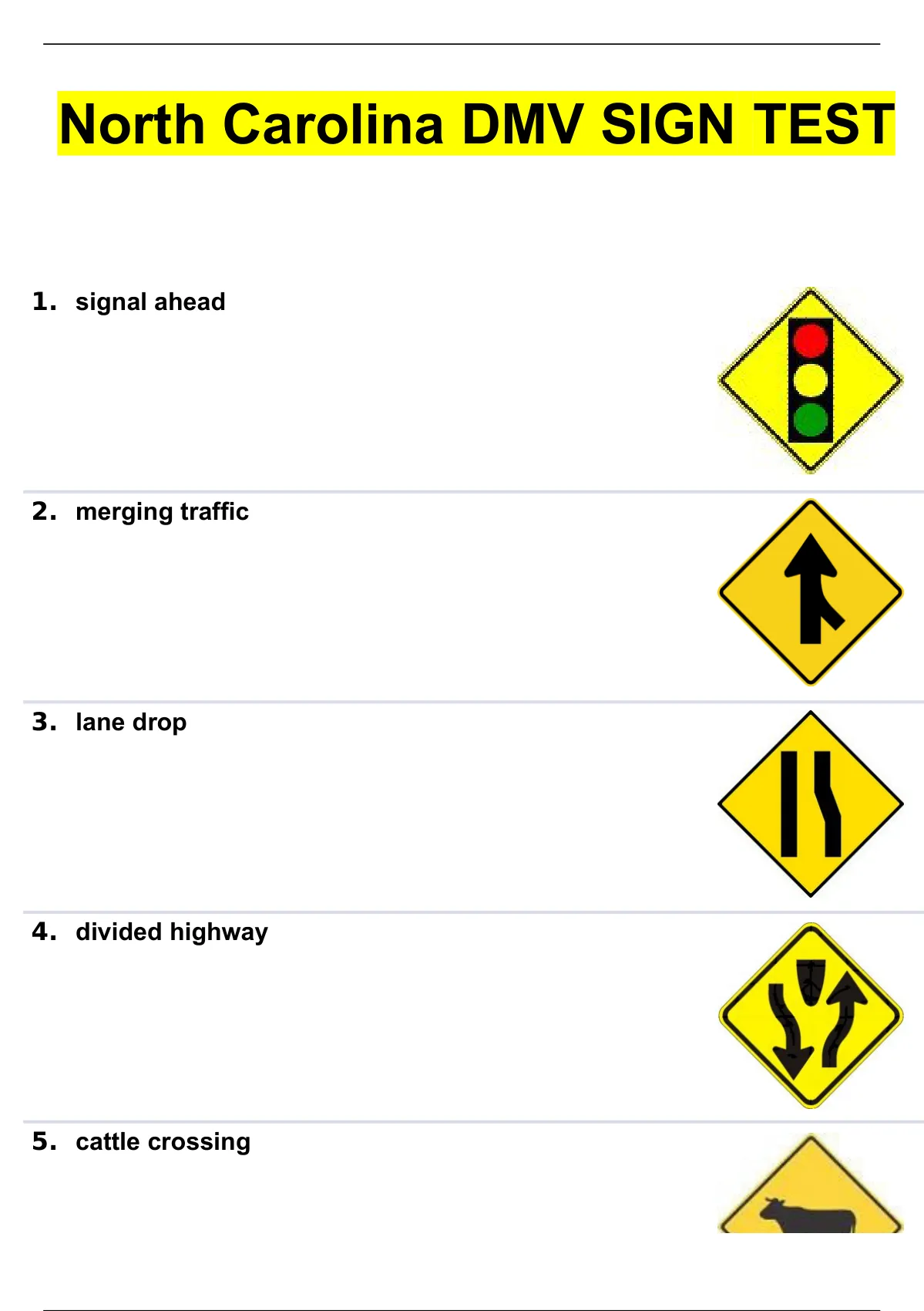 North Carolina DMV SIGN TEST (2024 / 2025) (100 Verified Test) DMV