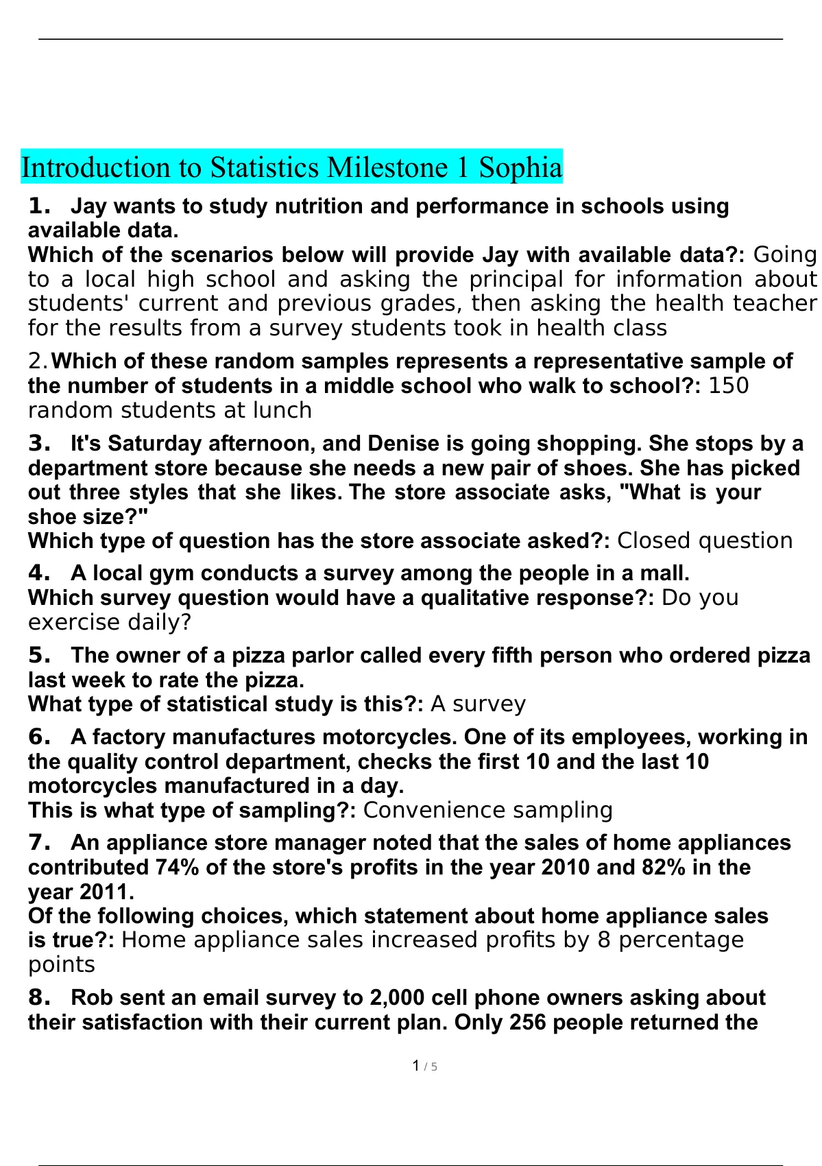 Introduction To Statistics Milestone 1 Sophia With All The Correct Answersscored Anew 2020 1883