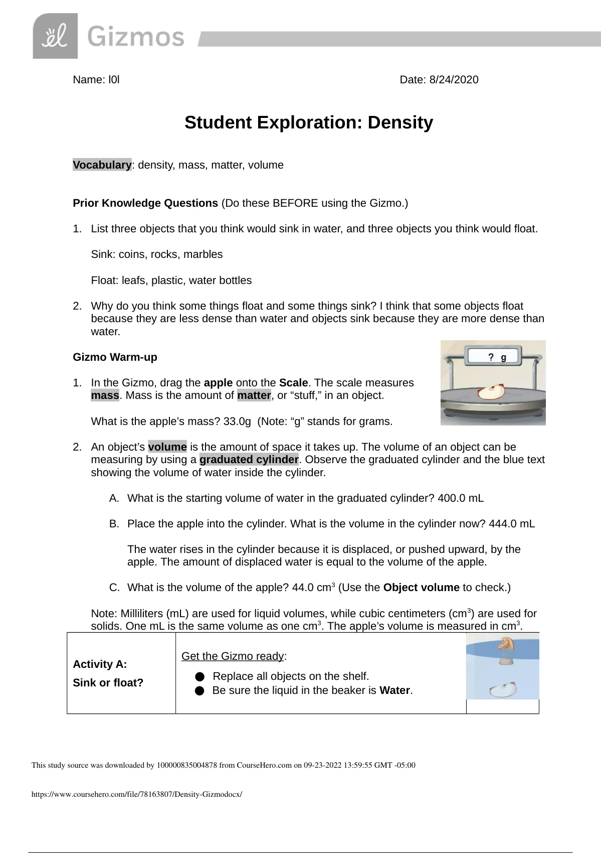 Gizmos Student Exploration Density Laboratory Answer Key Gizmos