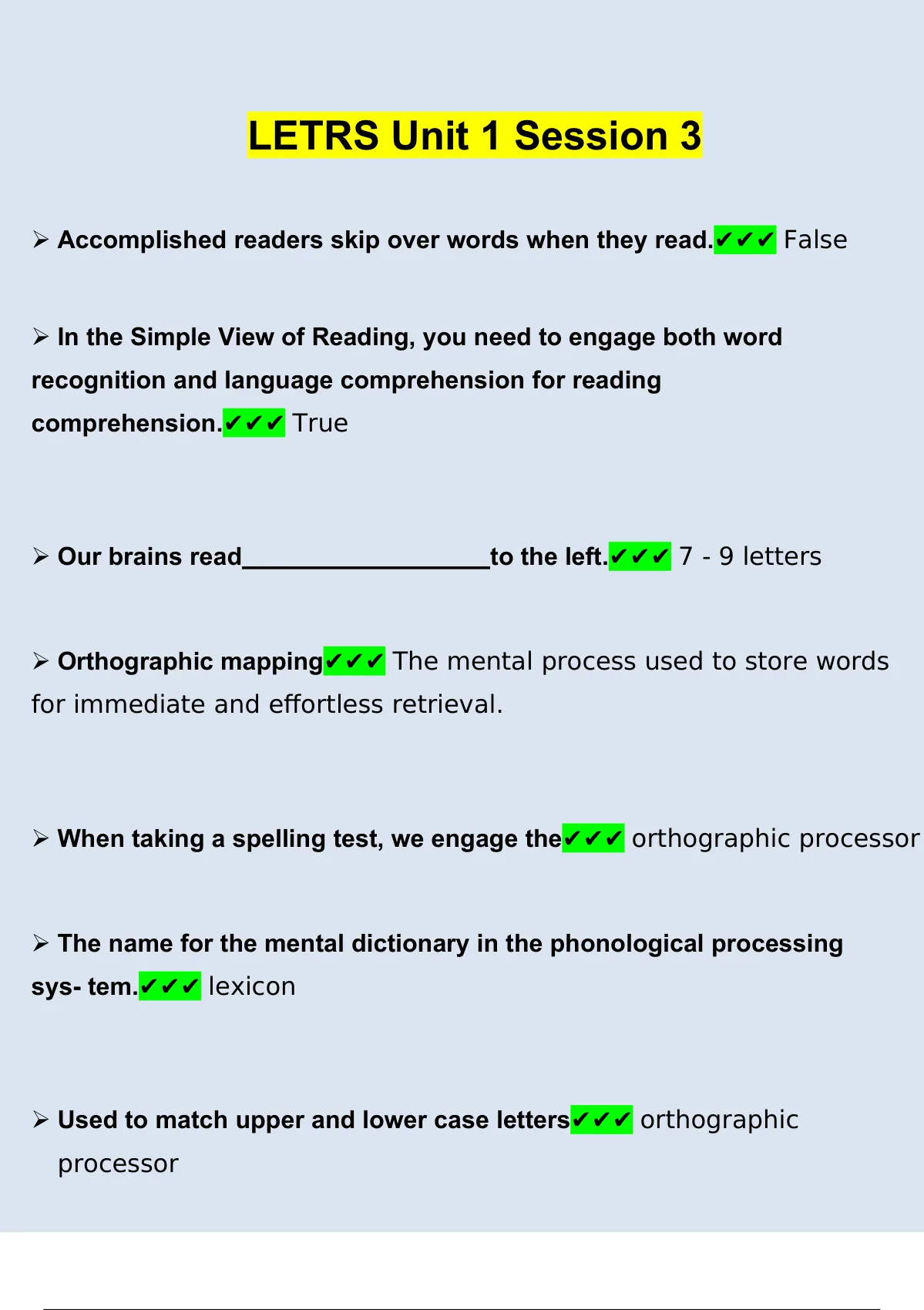 LETRS Unit 1 Session 3 Questions and Answers (2023 / 2024) (Verified