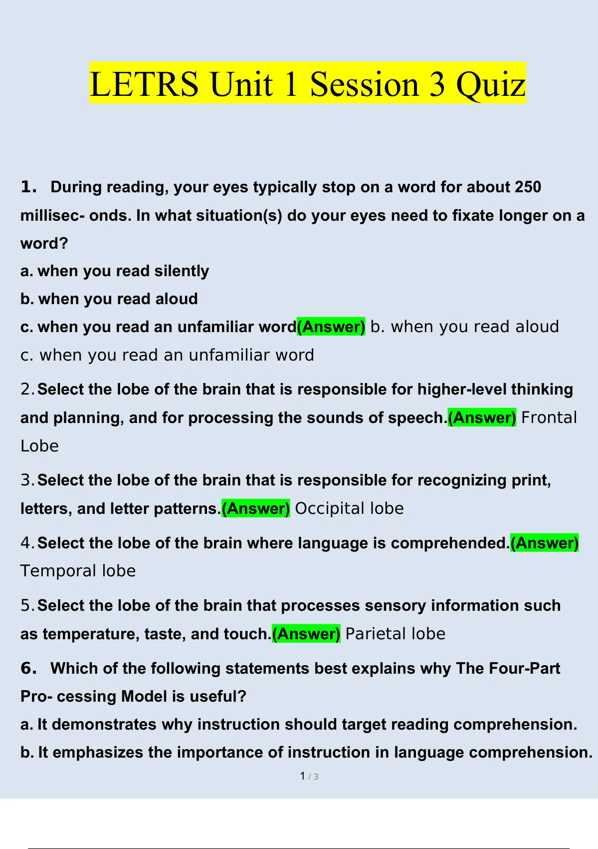 LETRS Unit 1 Session 3 Quiz Questions and Answers (2022/2023) (Verified