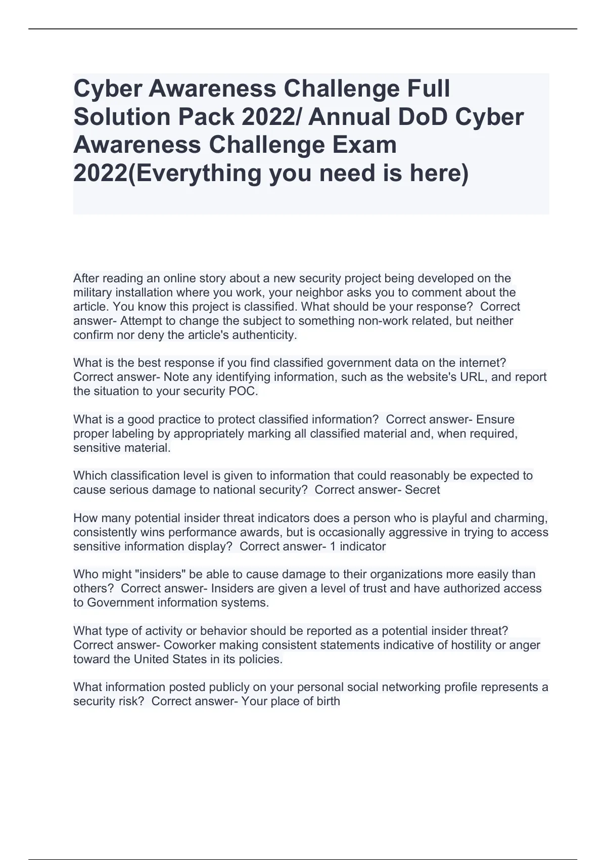 Cyber Awareness Challenge Full Solution Pack 2022/ Annual DoD Cyber