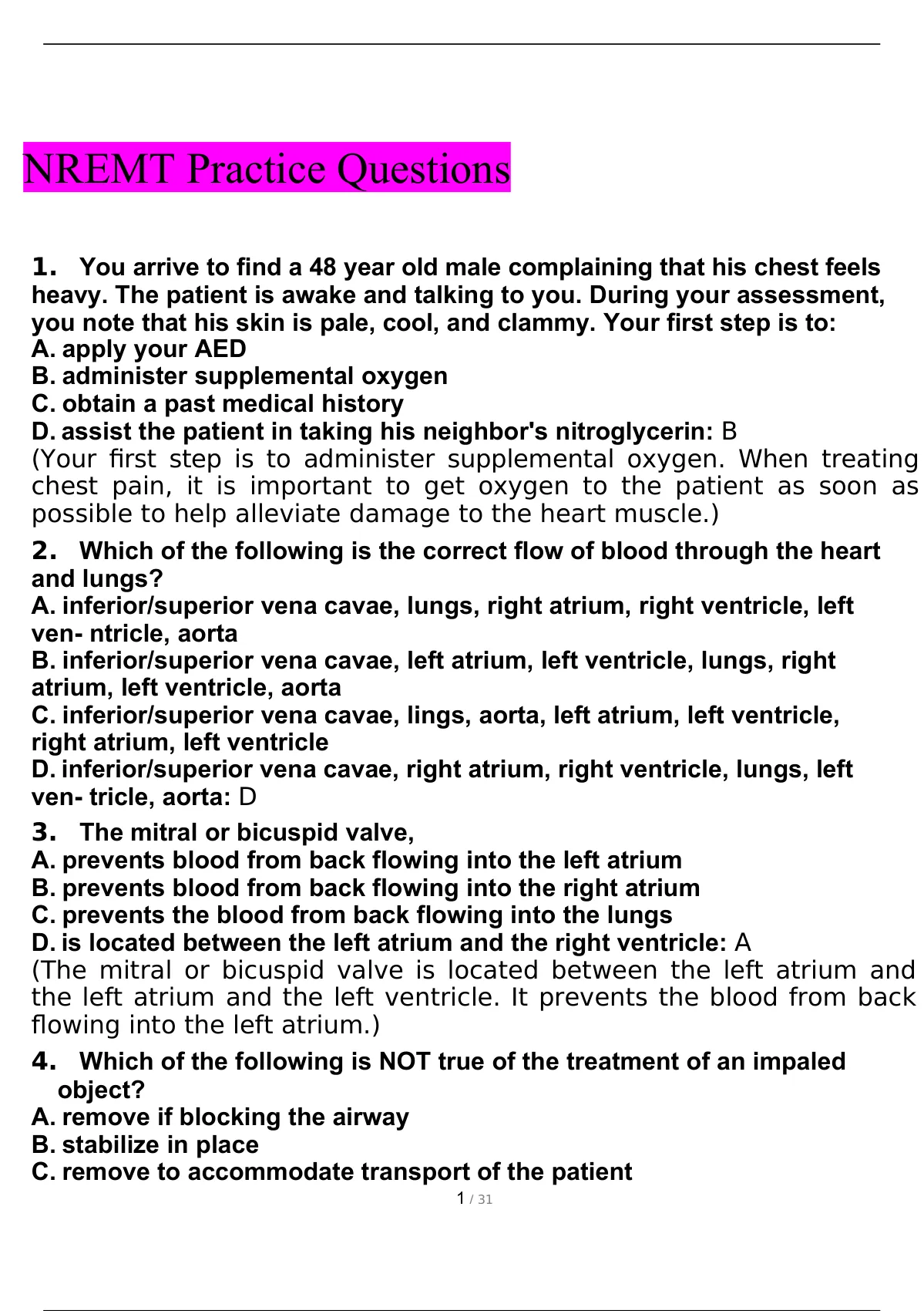 NREMT Practice Questions And Answers 2022 - NREMT - Stuvia UK