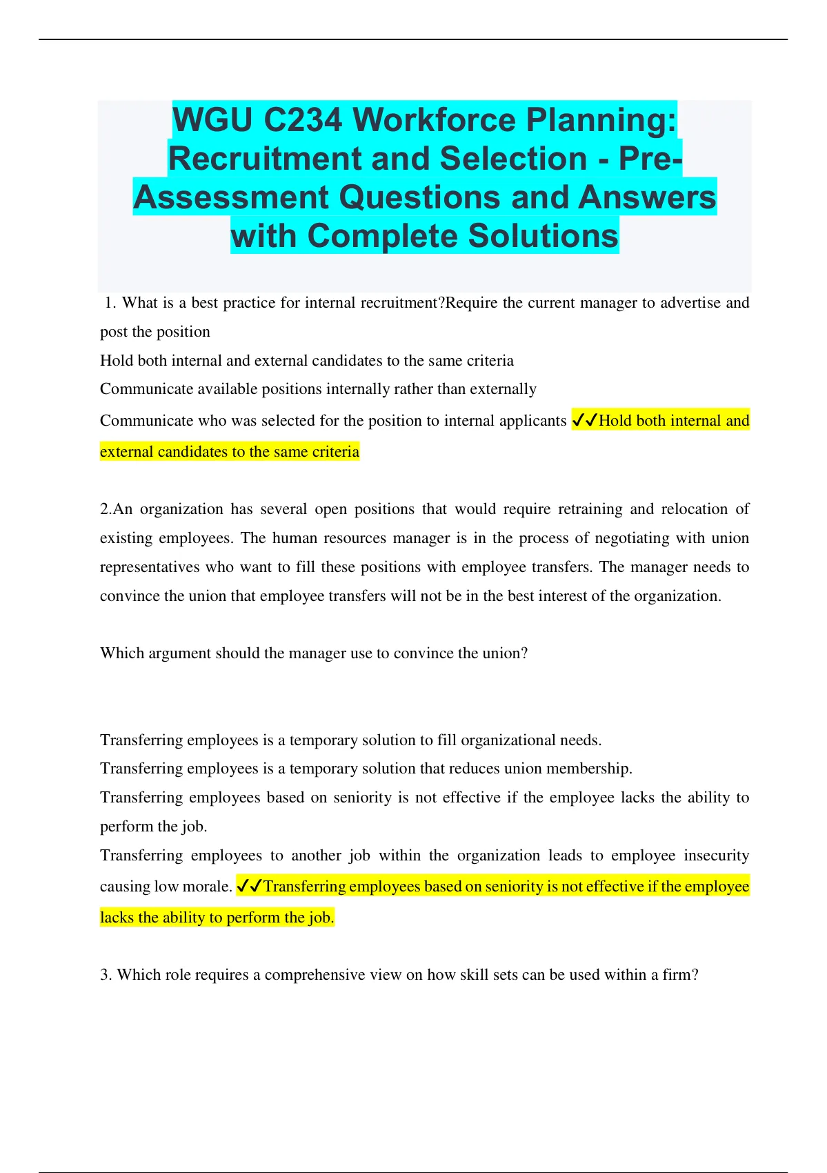 Wgu C234 Workforce Planning Recruitment And Selection Pre Assessment