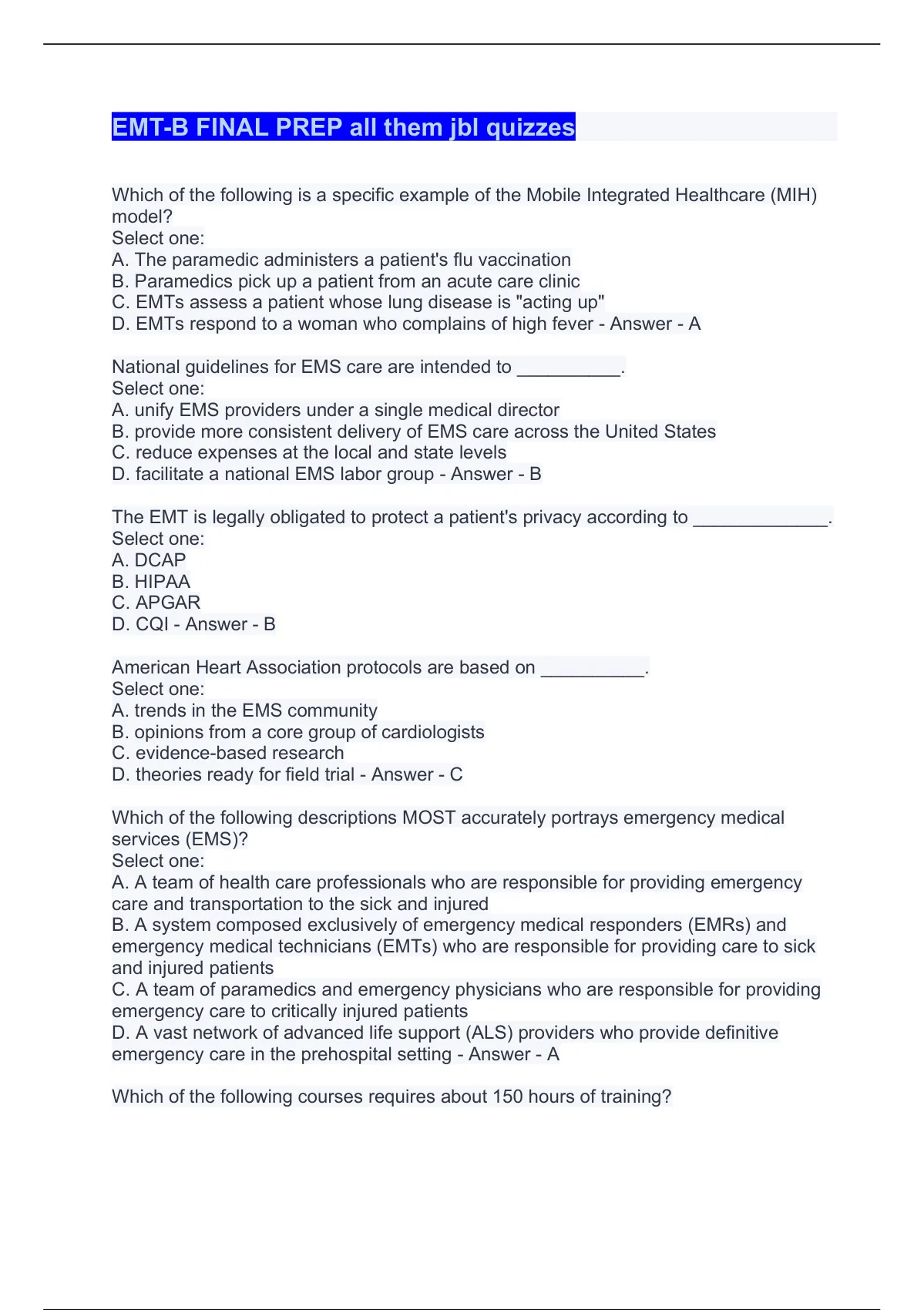 EMT-B FINAL PREP All Them Jbl Quizzes Questioms And Answers 2022/2023 - EMT-B PREP - Stuvia US