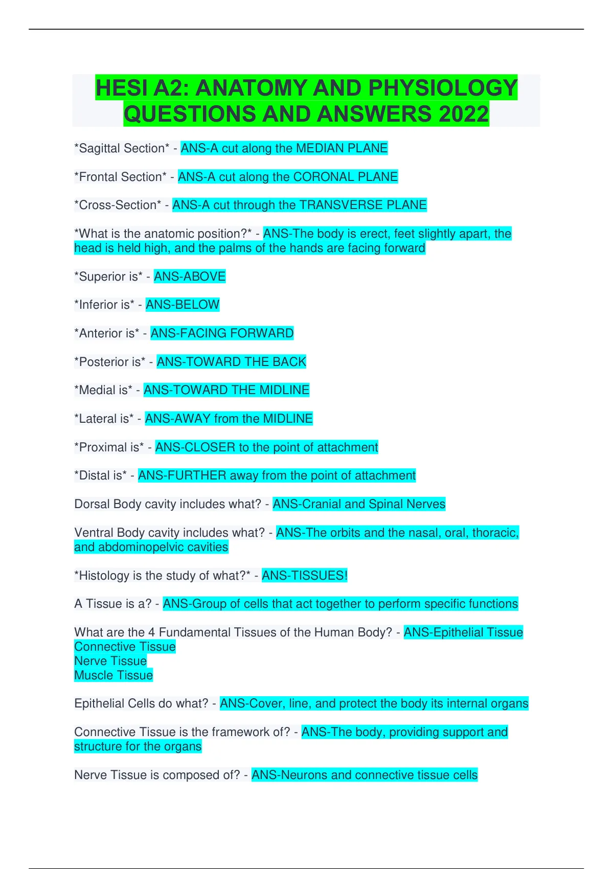 Hesi A2 Anatomy And Physiology Questions And Answers 2022 Hesi A2