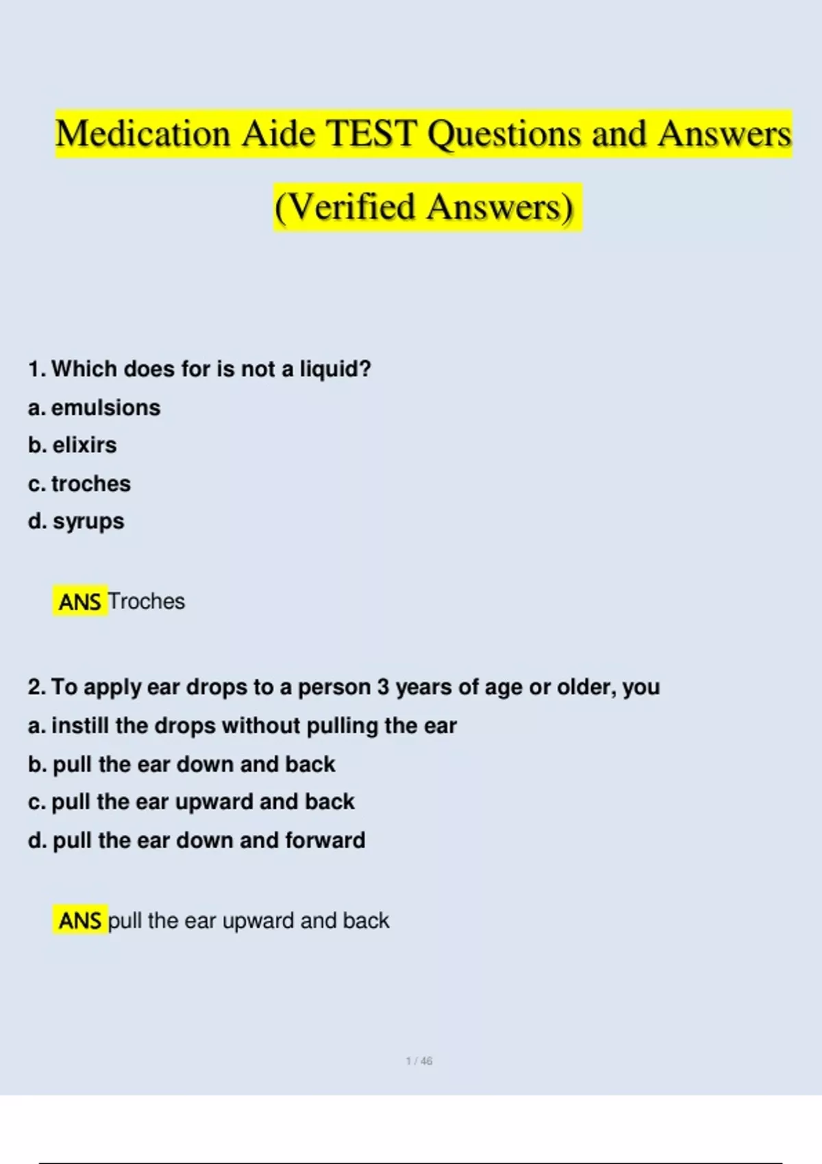 Medication Aide TEST Questions and Answers (2023/2024) (Verified