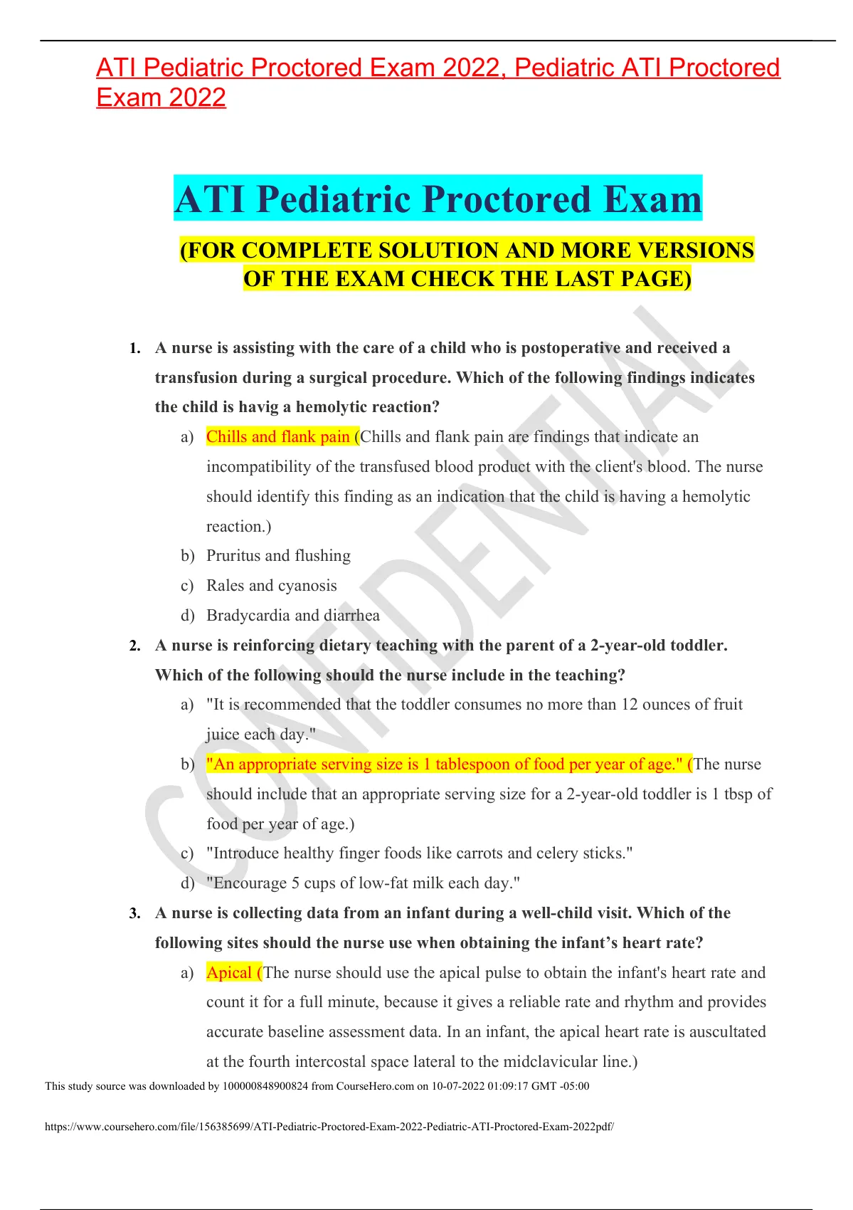 ATI Pediatric Proctored Exam 2022, Pediatric ATI Proctored Exam 2022