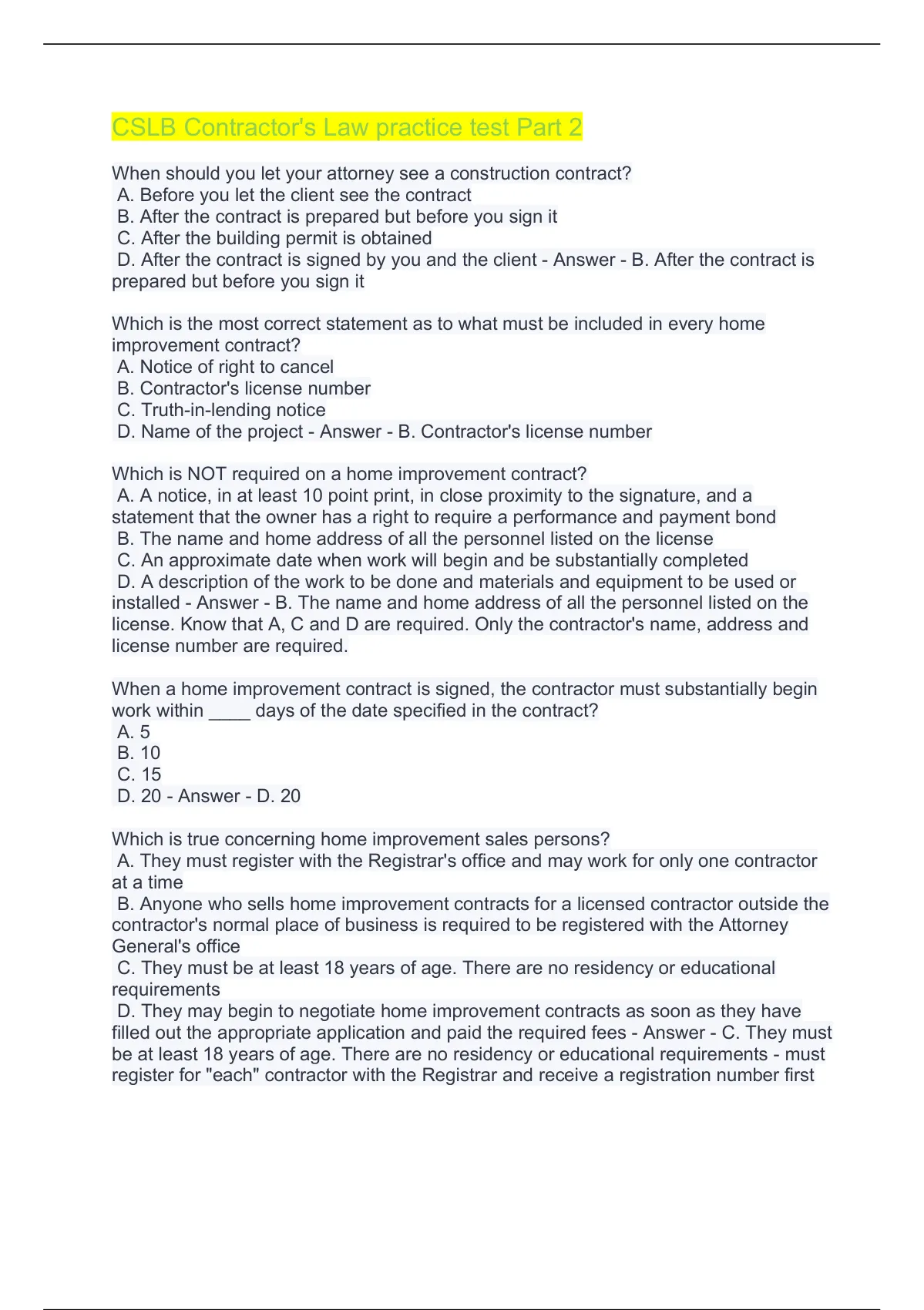 CSLB Contractor's Law Practice Test Part 2 Questions And Answers 2022/ ...