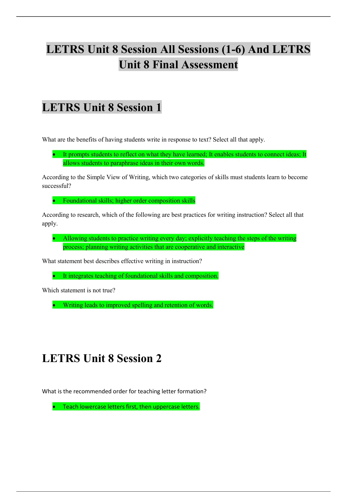 LETRS Unit 8 Session All Sessions 1-6 Completed And LETRS Unit 8 Final ...