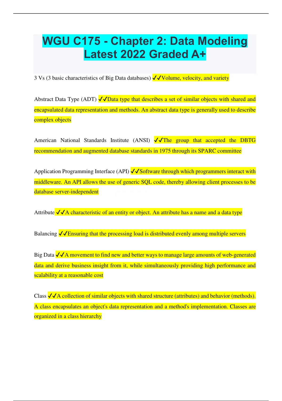 WGU C175 - Chapter 2: Data Modeling Latest 2022 Graded A+ - WGU C175 ...