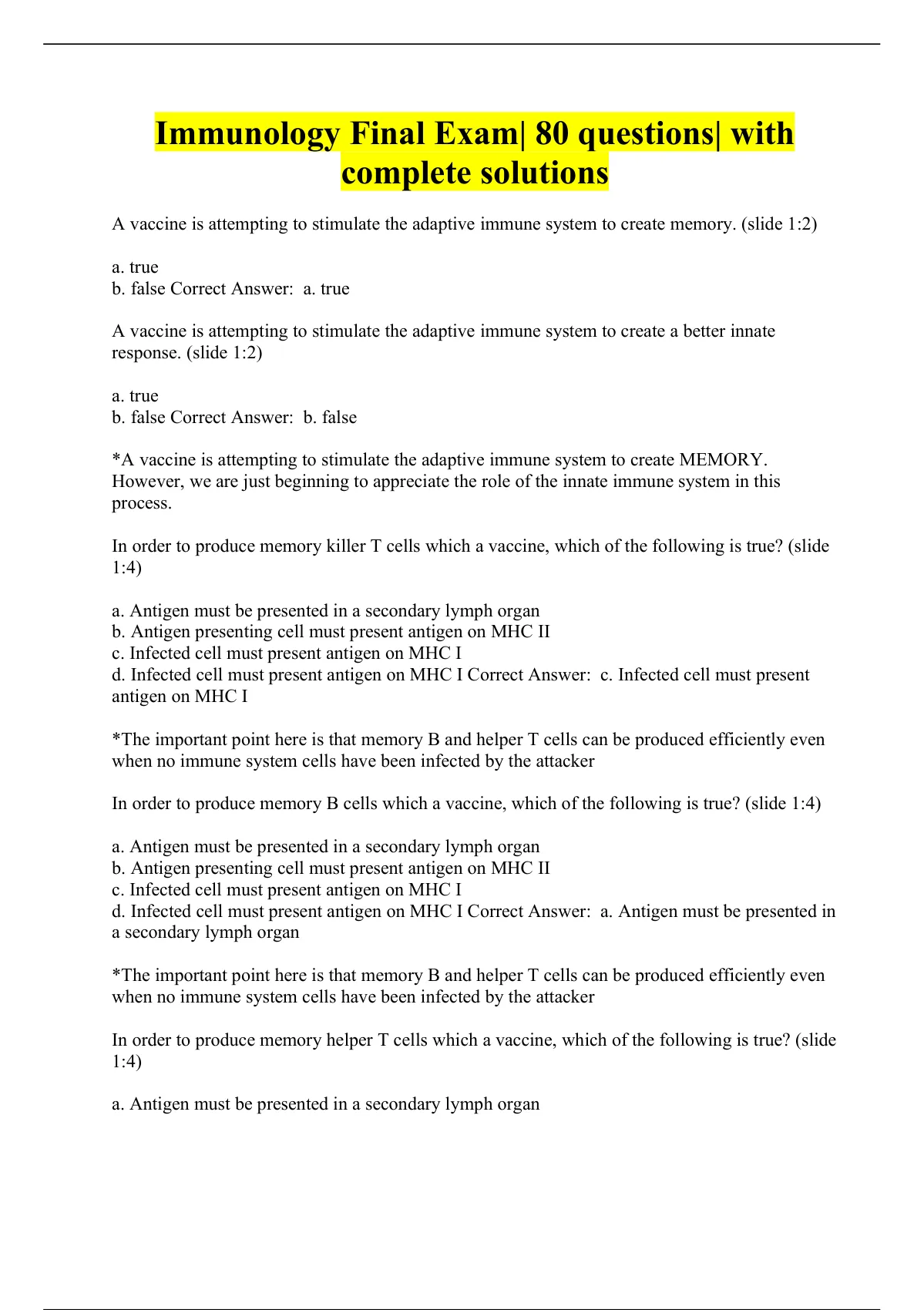 Immunology Final Exam| 80 Questions| With Complete Solutions ...