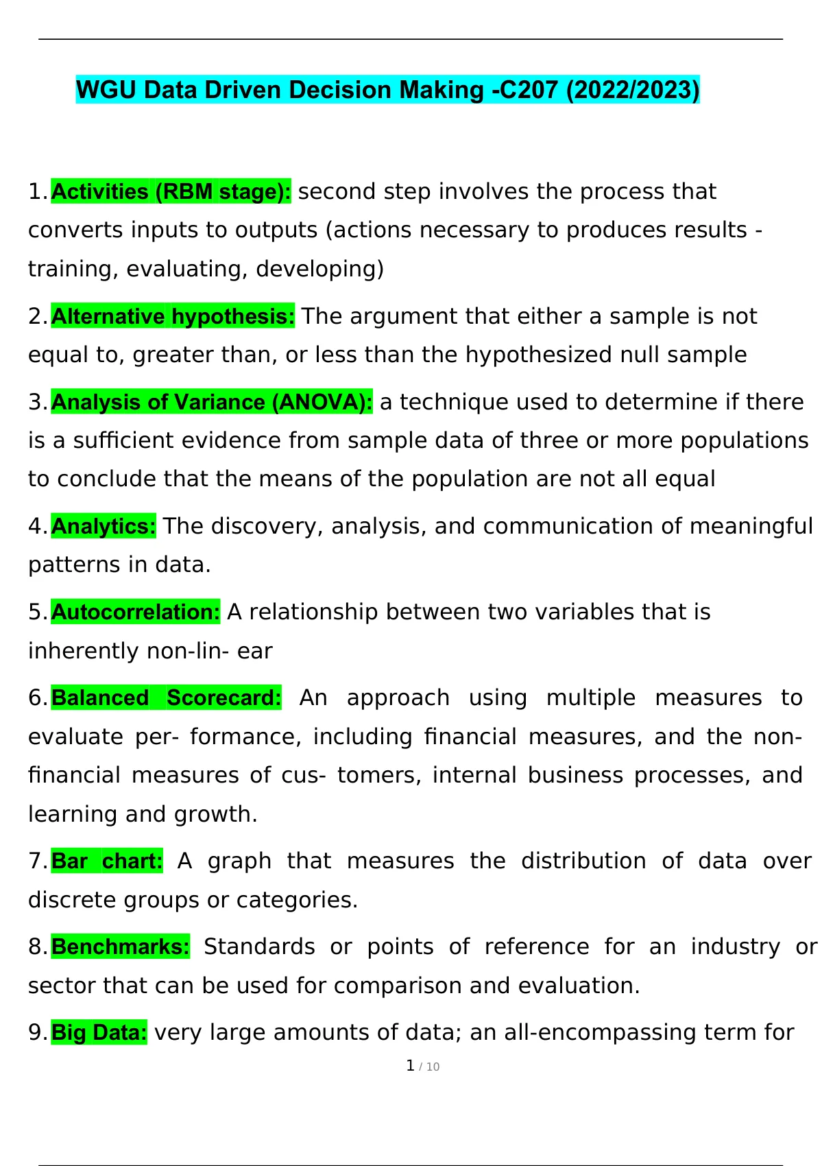 WGU C207 Data-Driven Decision Making Exam Questions And Answers (2022/ ...