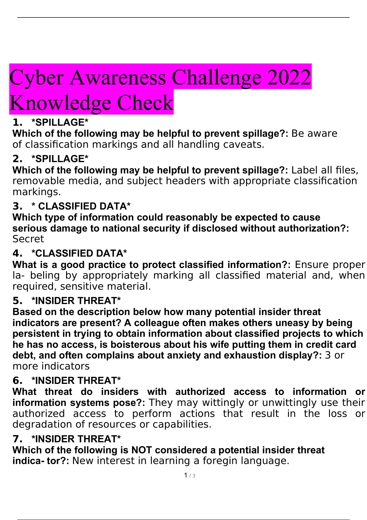 Cyber Awareness Challenge 2025 Knowledge Test Answer Key Lacie Cristina