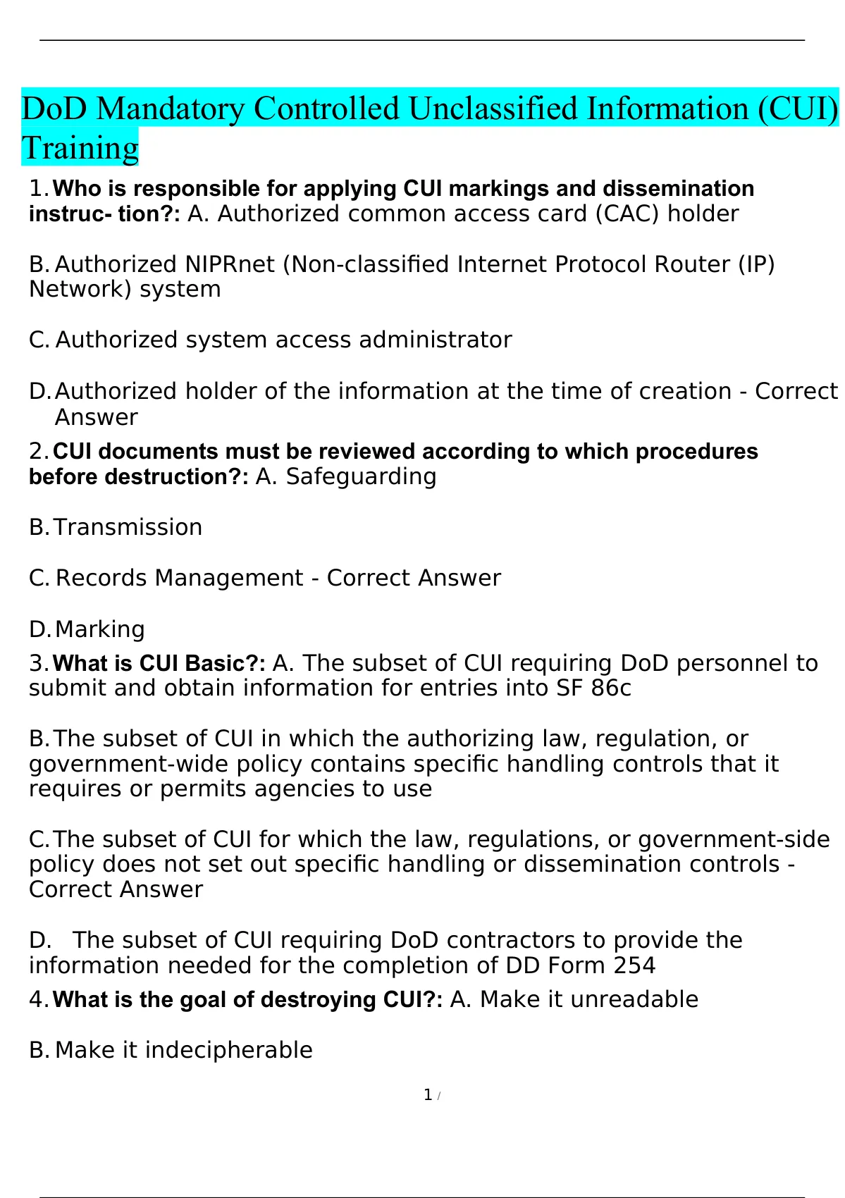 Dod Mandatory Controlled Unclassified Information Cui Training Latest