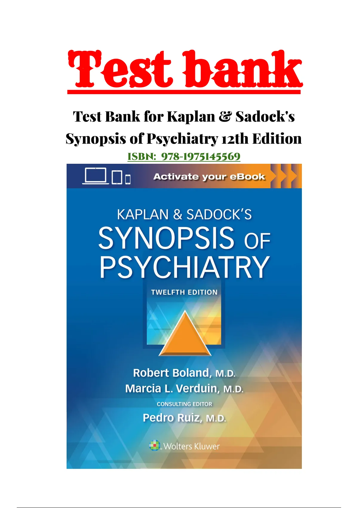 Test Bank for Kaplan & Sadock's Synopsis of Psychiatry 12th