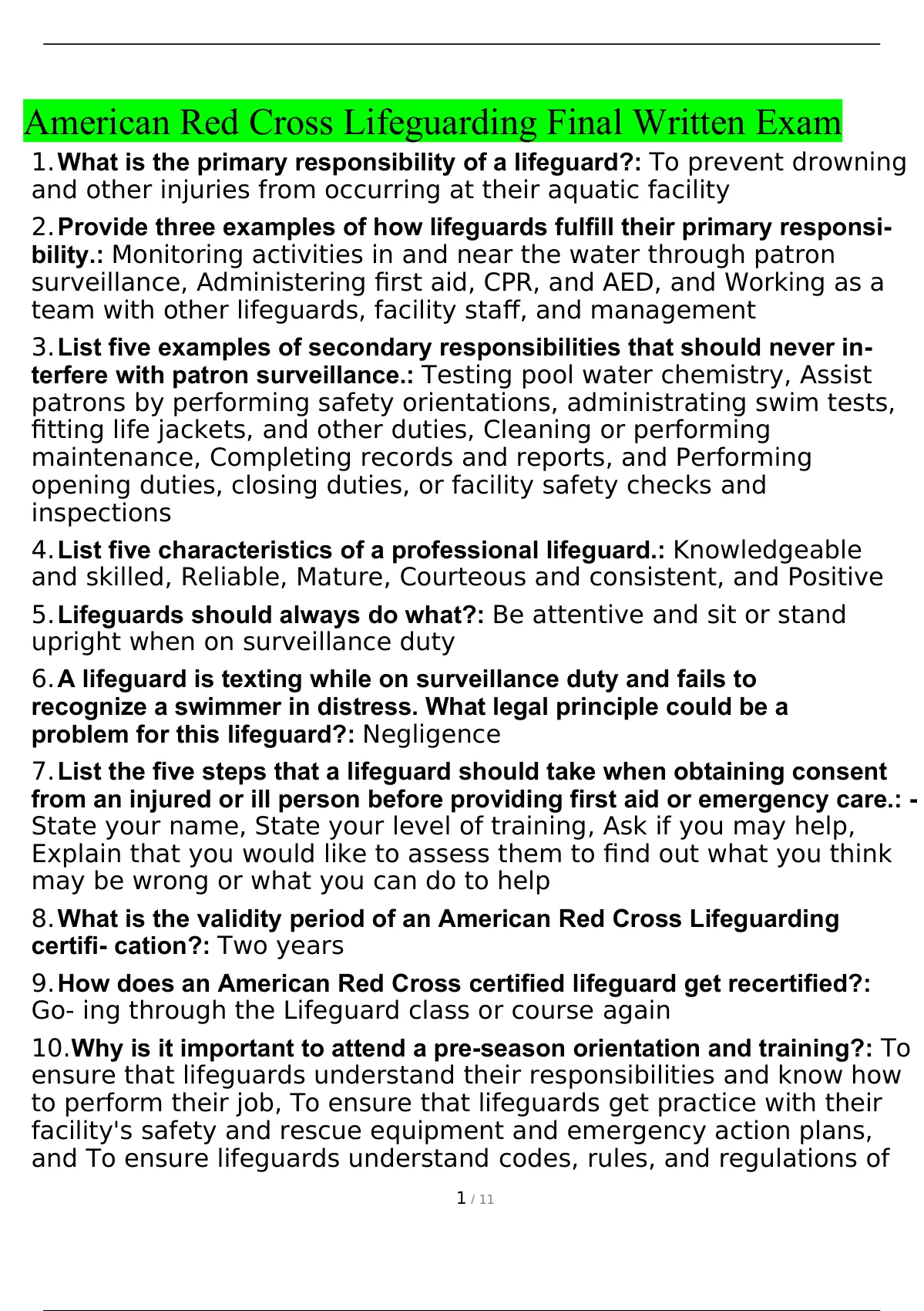 American Red Cross Lifeguarding Final Written Exam 2022/2023 With All ...