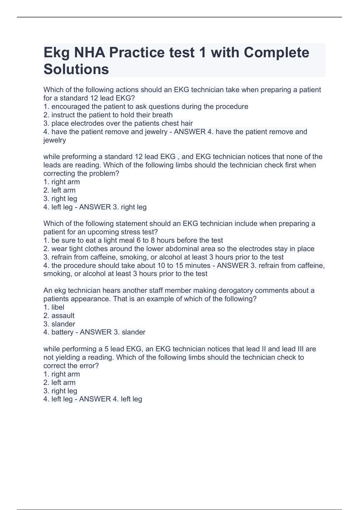 Ekg NHA Practice test 1 with Complete Solutions Ekg NHA Practice