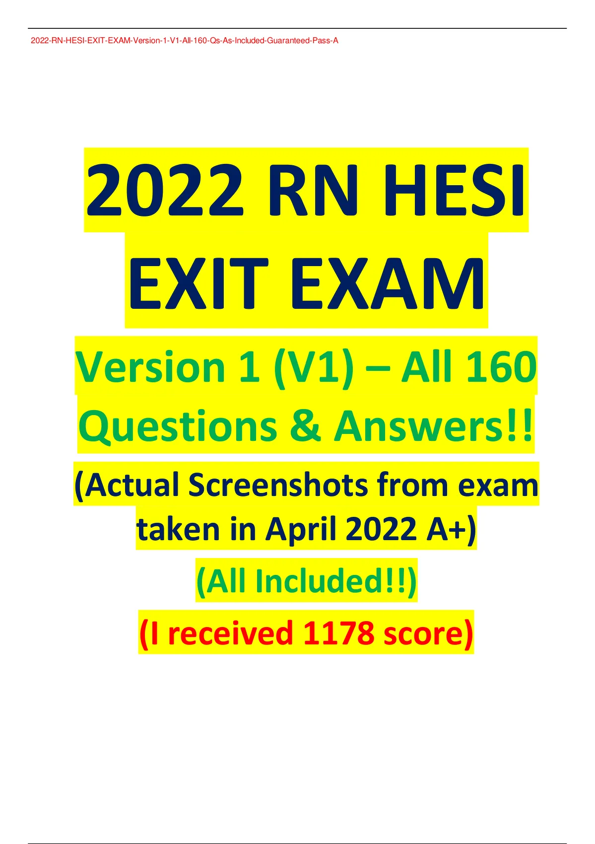 2022 Rn Hesi Exit Exam Version 1 V1 All 160 Questions And Answers Actual Screenshots From 2486