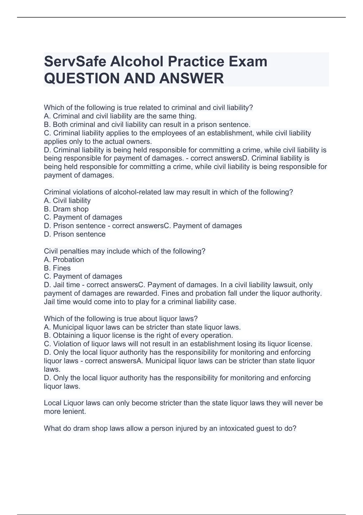 ServSafe Alcohol Practice Exam QUESTION AND ANSWER ServSafe Alcohol