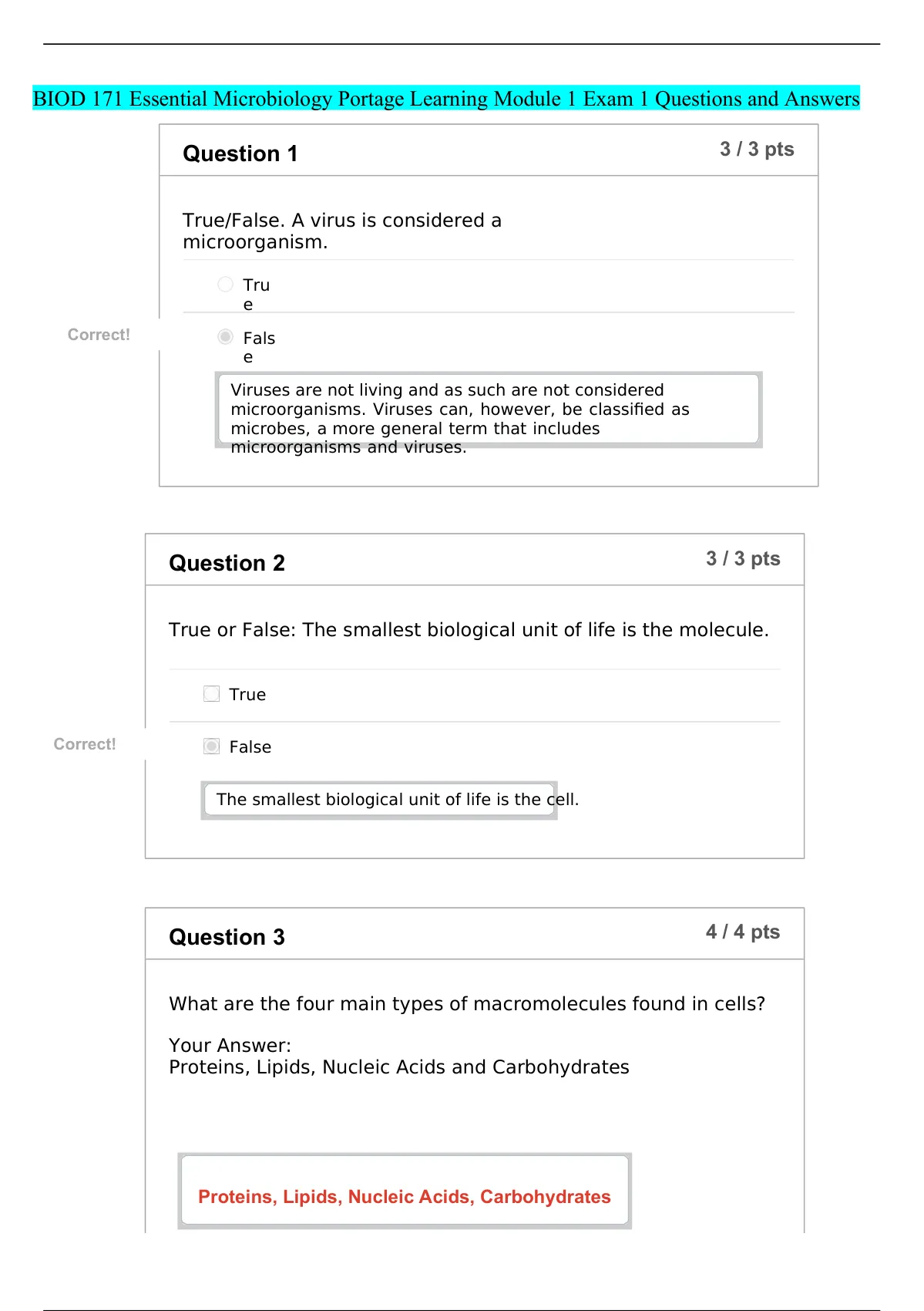 BIOD 171 Essential Microbiology Portage Learning Module 1 Exam 1 ...