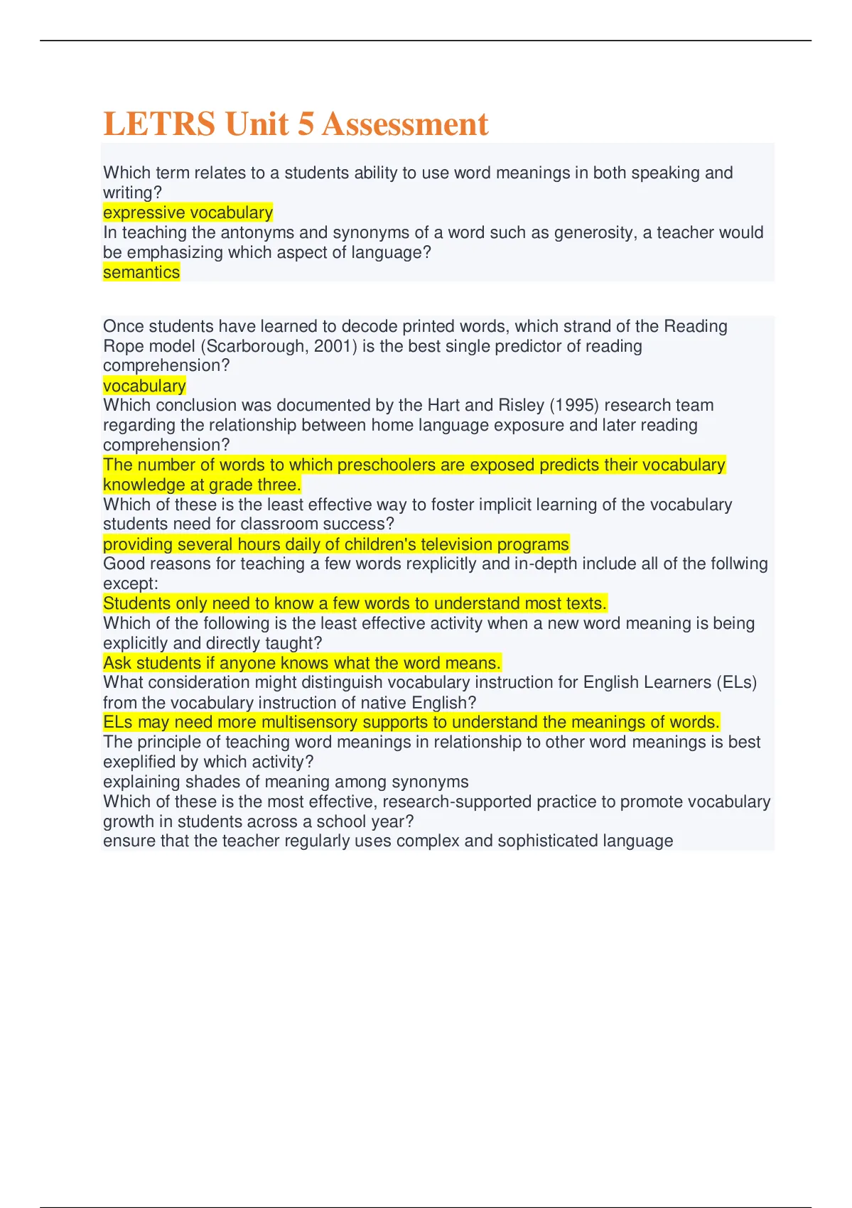 LETRS Unit 5 Assessment Exams With Questions And Verified Answers 2022/ ...