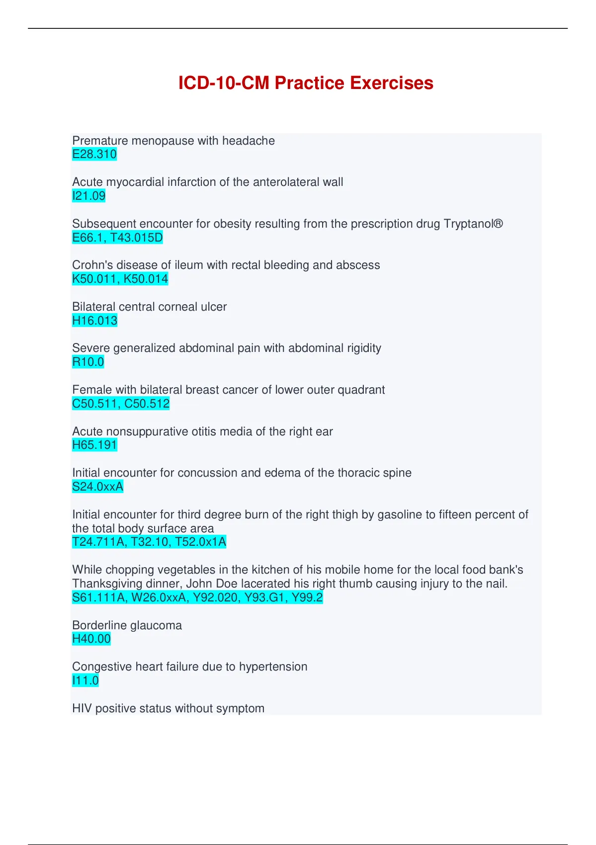 ICD10CM Practice Exercises Questions and Answers ICD10CM