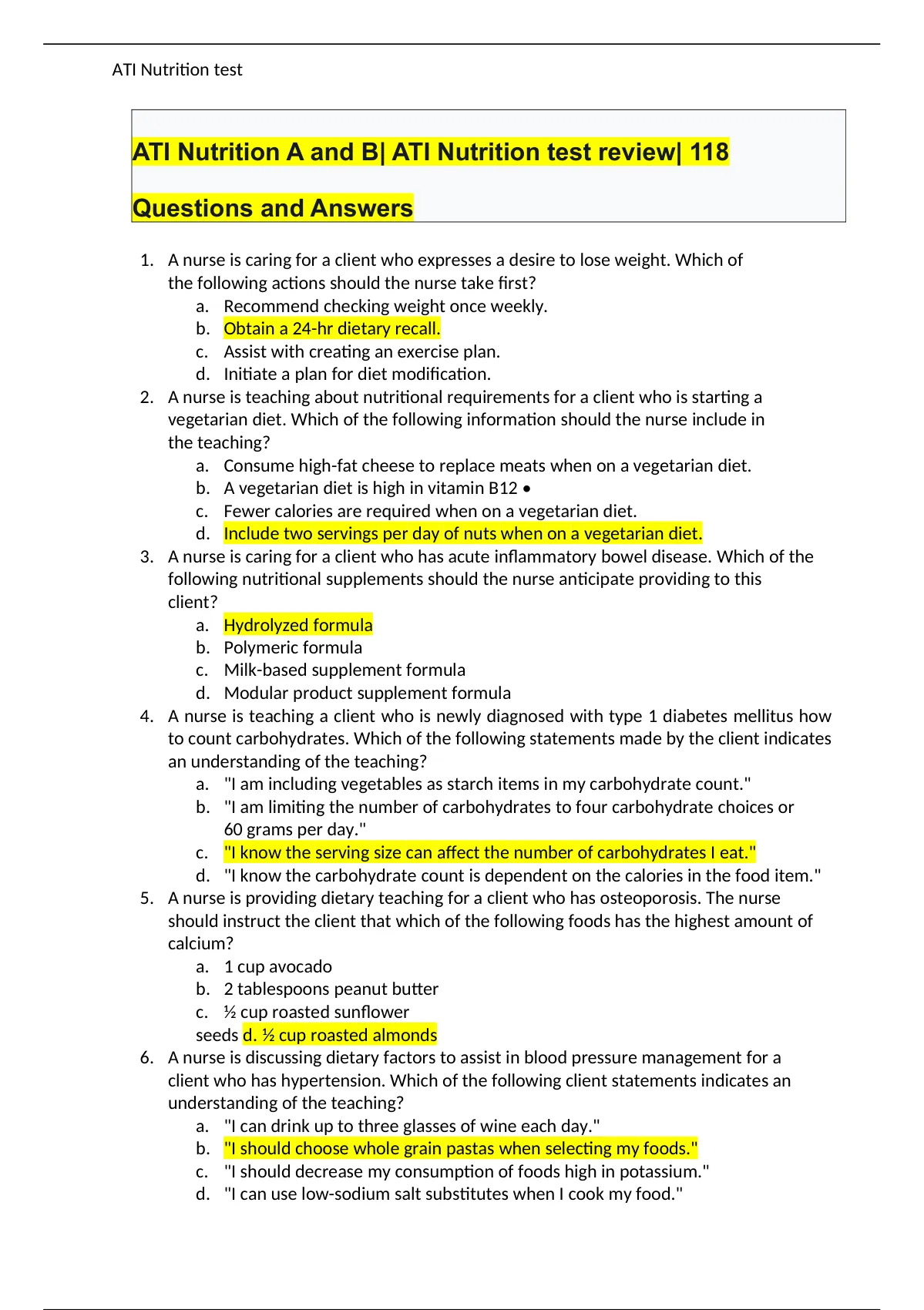 ATI Nutrition A And B| ATI Nutrition Test Review| 118 Questions And ...