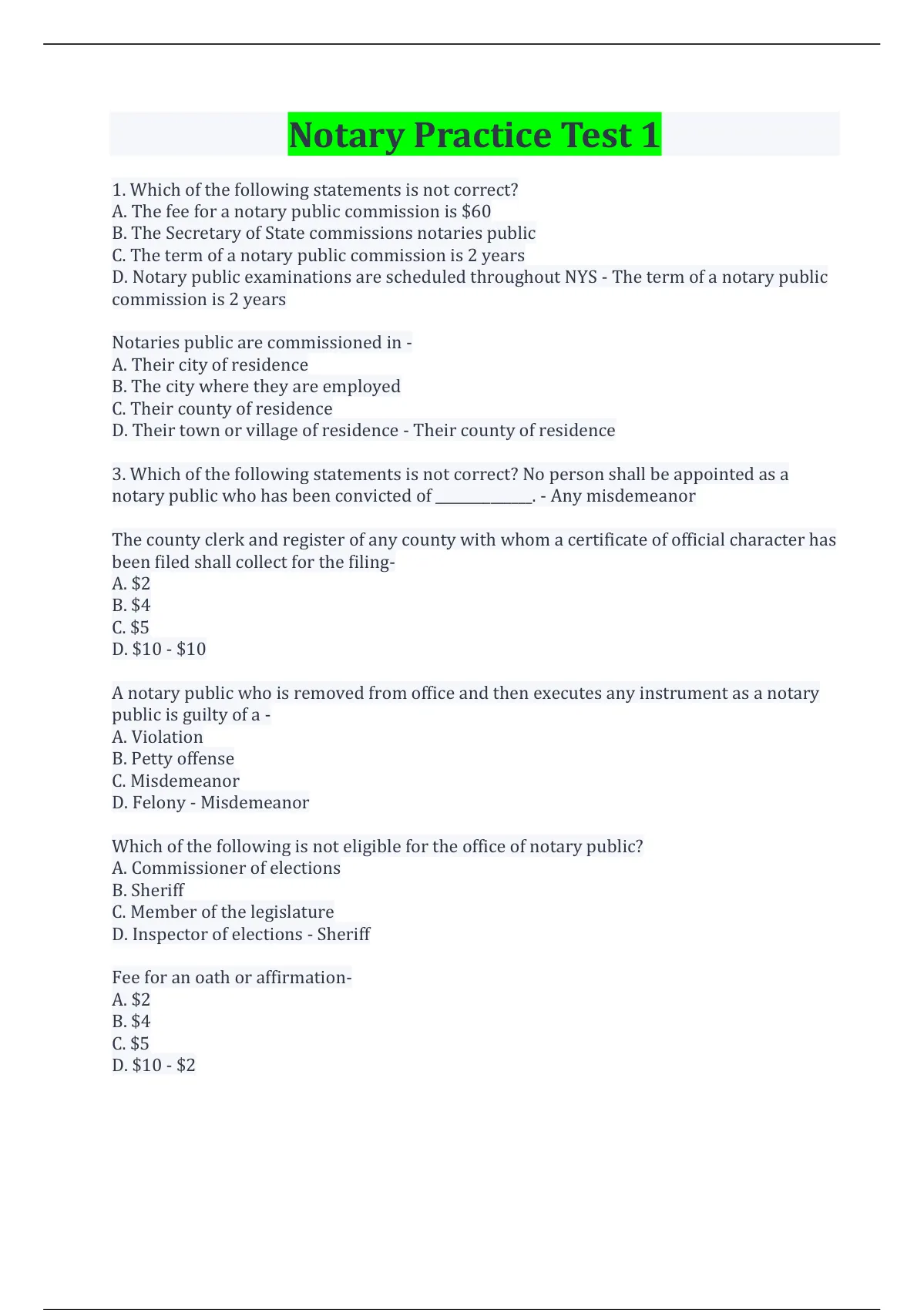 Notary Practice Test 1 Exam Questions And Answers With Complete ...