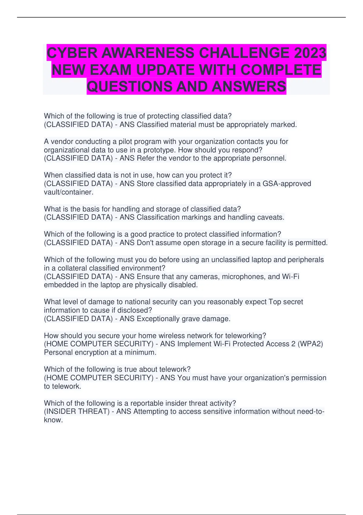 CYBER AWARENESS CHALLENGE 2023 NEW EXAM UPDATE WITH COMPLETE QUESTIONS
