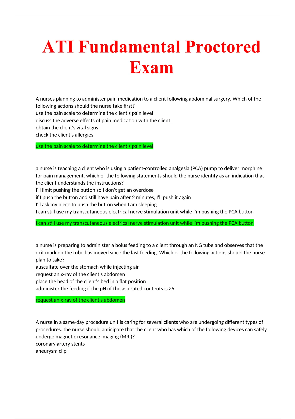 ATI Fundamental Proctored Exam Fundamentals Proctored Exam Graded A+
