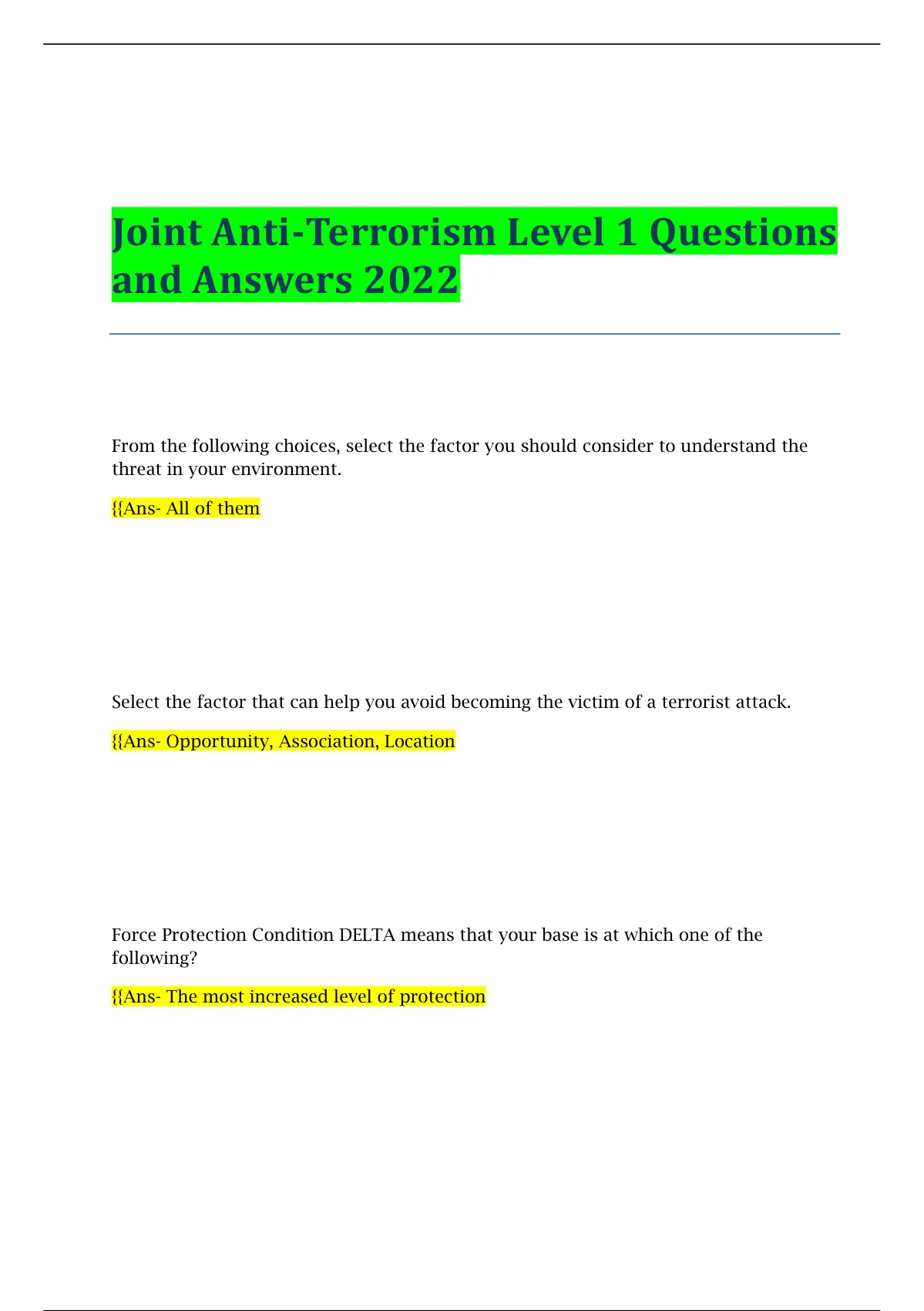 Joint AntiTerrorism Level 1 Questions and Answers 2022 Joint Anti