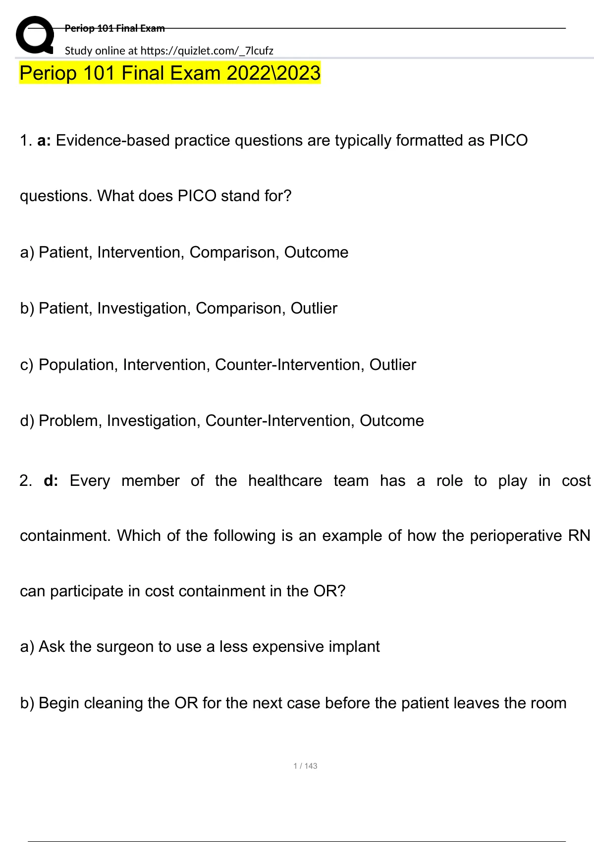 AORN Periop 101 Final Exam Study Guide Questions And Answers (2022/2023 ...