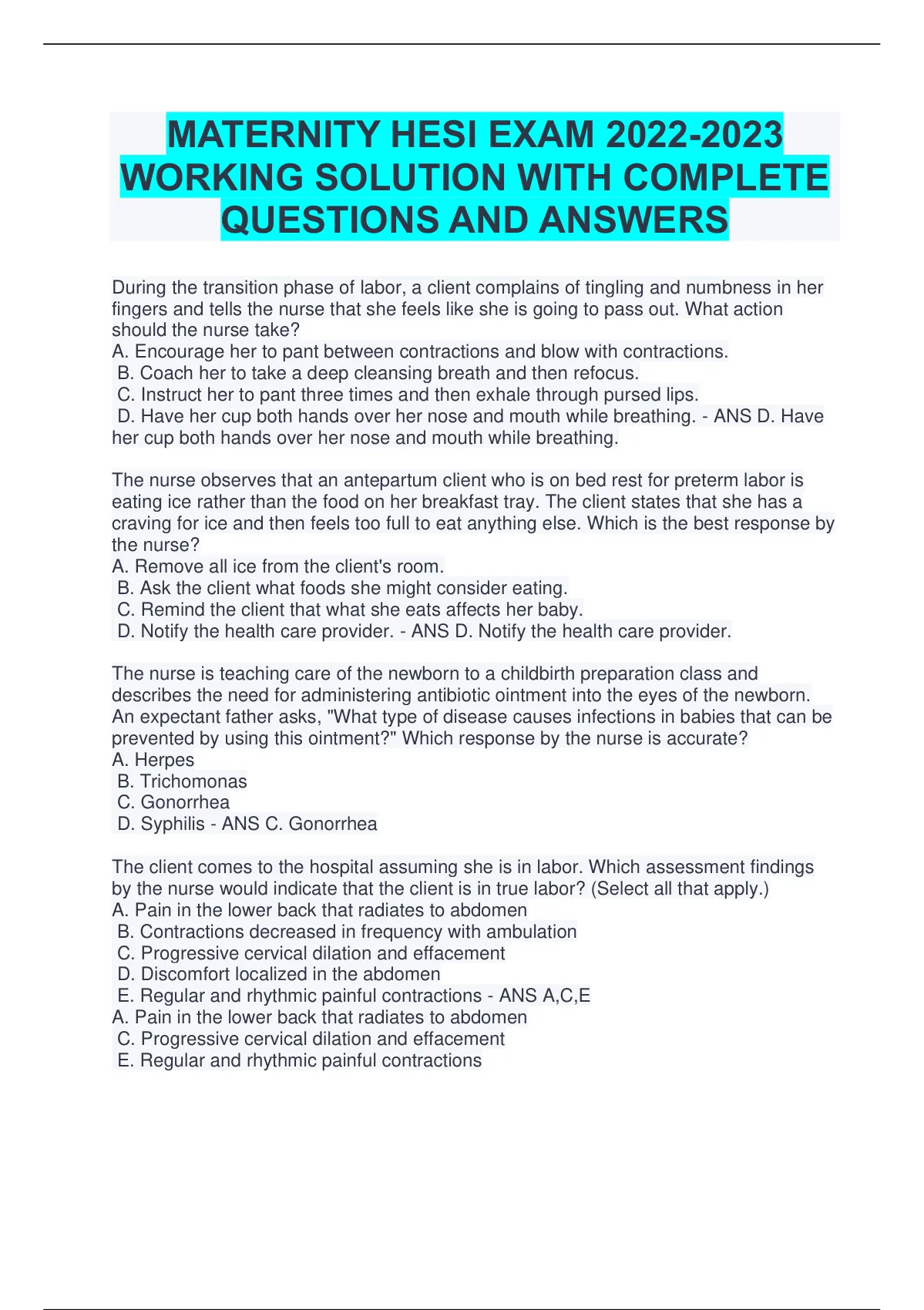 MATERNITY HESI EXAM WORKING SOLUTION WITH COMPLETE QUESTIONS AND ...