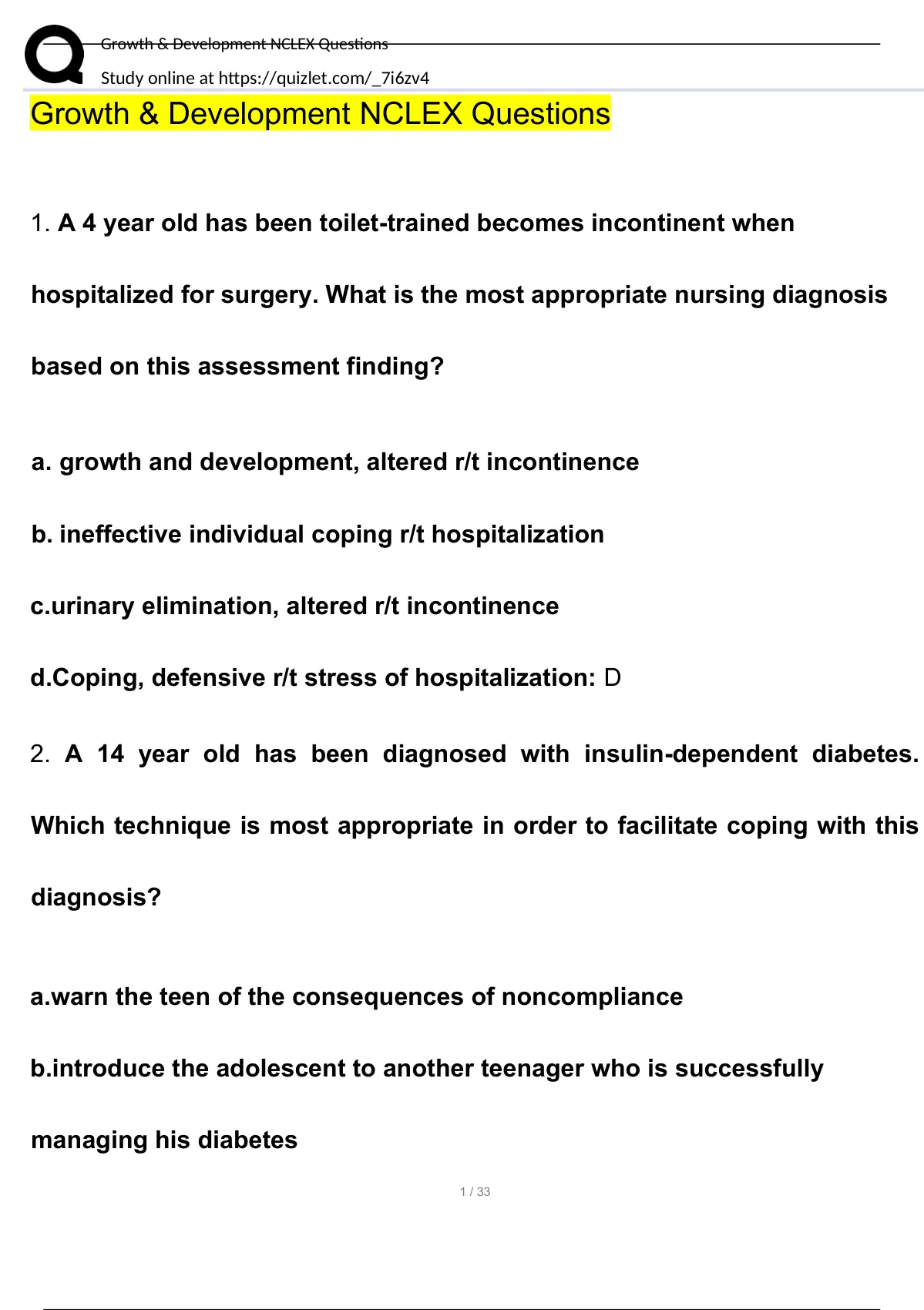 Pediatric Growth And Development NCLEX Questions And Answers (2022/2023 ...