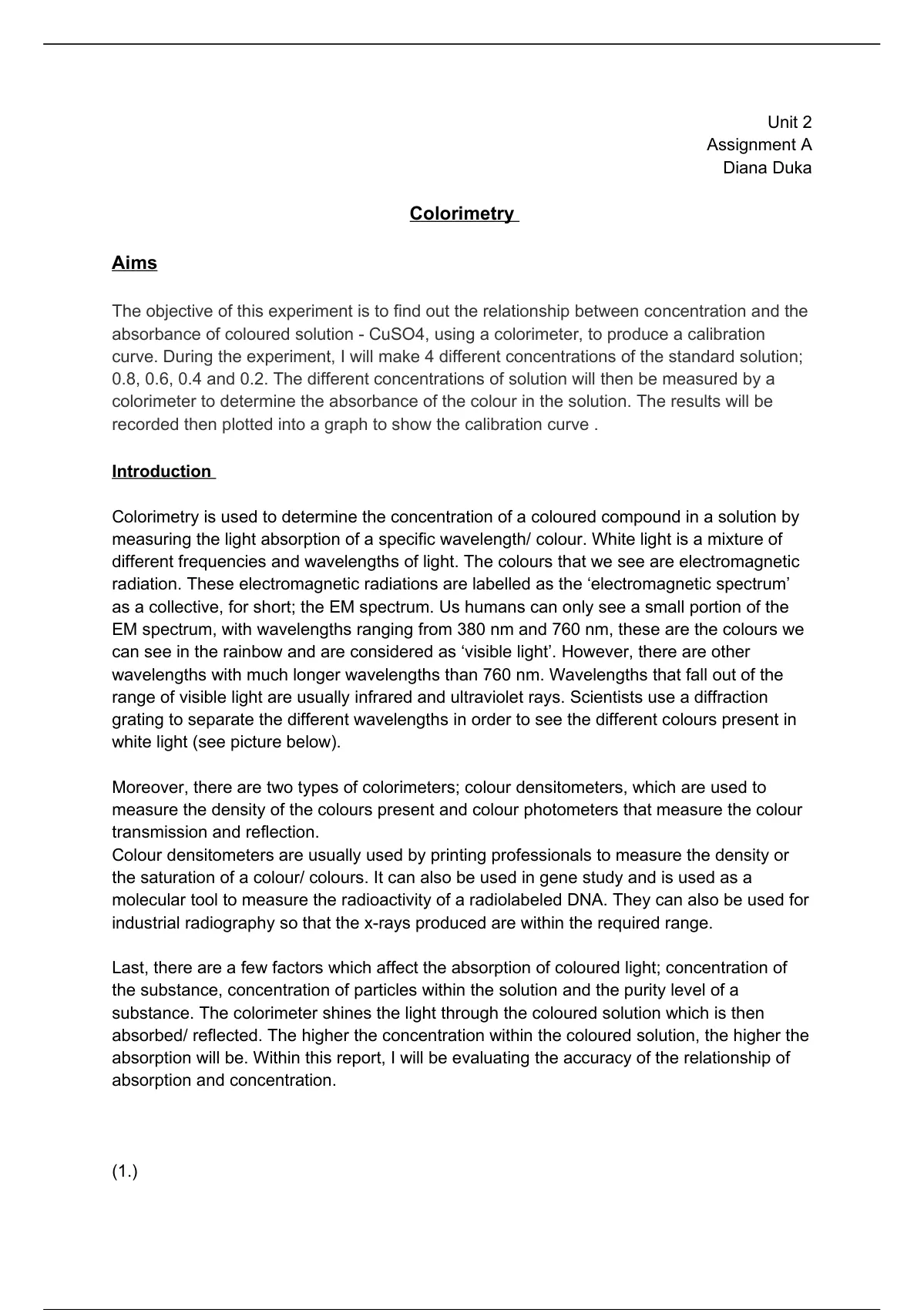 BTEC Applied Science Unit 2 Assignment A - Colorimetry - Unit 2 ...