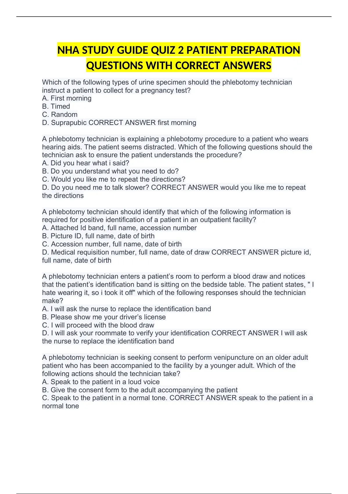 NHA STUDY GUIDE QUIZ 2 PATIENT PREPARATION QUESTIONS WITH CORRECT ...