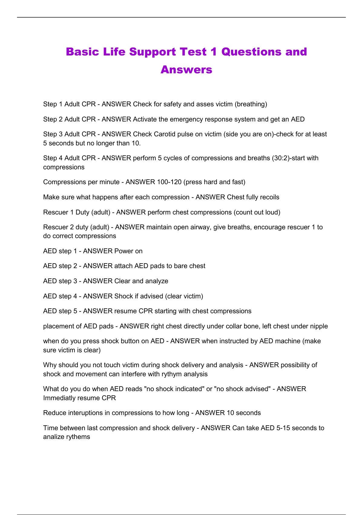 Basic Life Support Test 1 Questions and Answers Basic Life Support