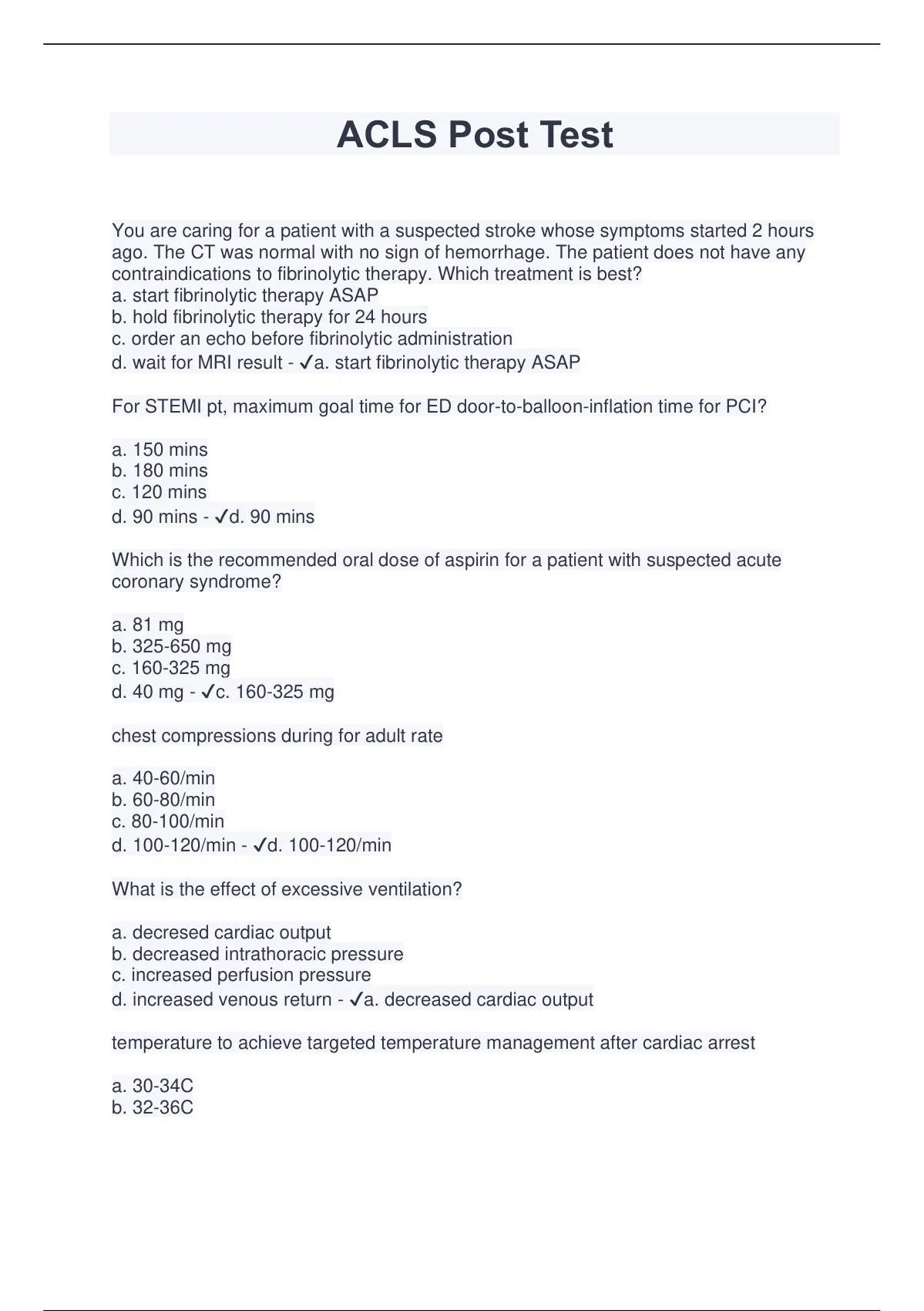 ACLS Post Test (Latest 2023/2024) Verified Answers by Expert Acls