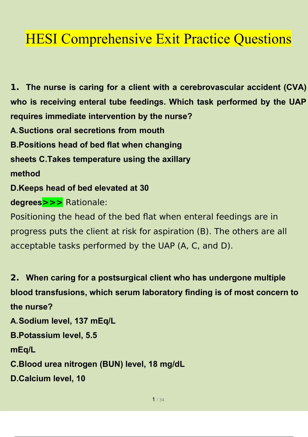 EXIT HESI Comprehensive B Evolve Practice Questions. Questions With ...