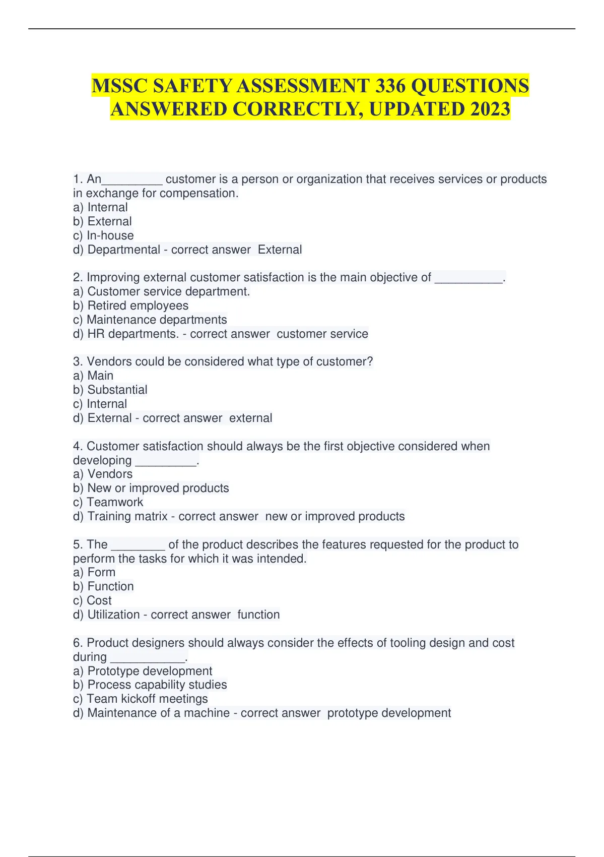 MSSC SAFETY ASSESSMENT 336 QUESTIONS ANSWERED CORRECTLY, UPDATED 2023 ...