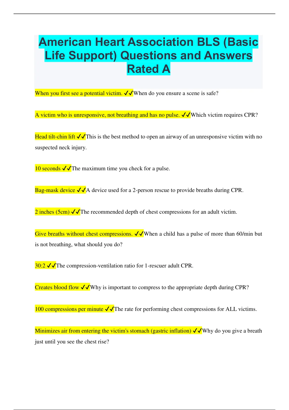 American Heart Association BLS (Basic Life Support) Questions And ...