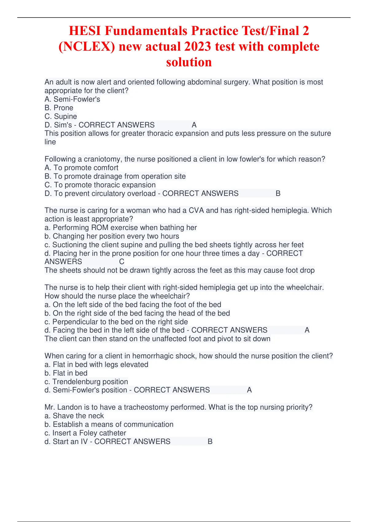 Hesi Fundamentals Practice Test 2023 Test With Complete Solution Hesi Fundamentals Stuvia Us 6700