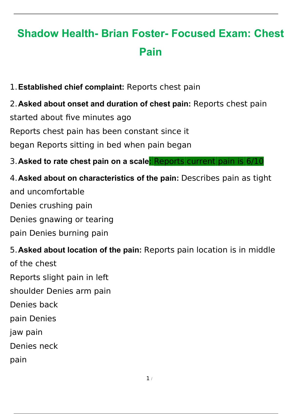 Shadow Health Brian Foster Focused Exam Chest Pain with complete