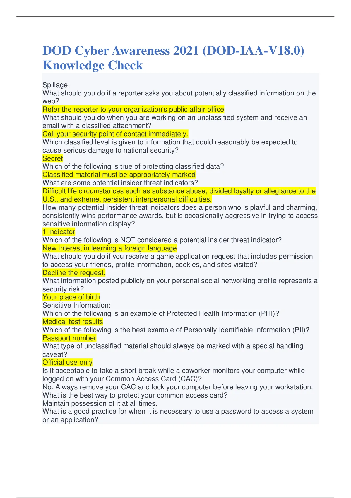 DOD Cyber Awareness (DODIAAV18.0) Knowledge Check 2021 Exams DOD