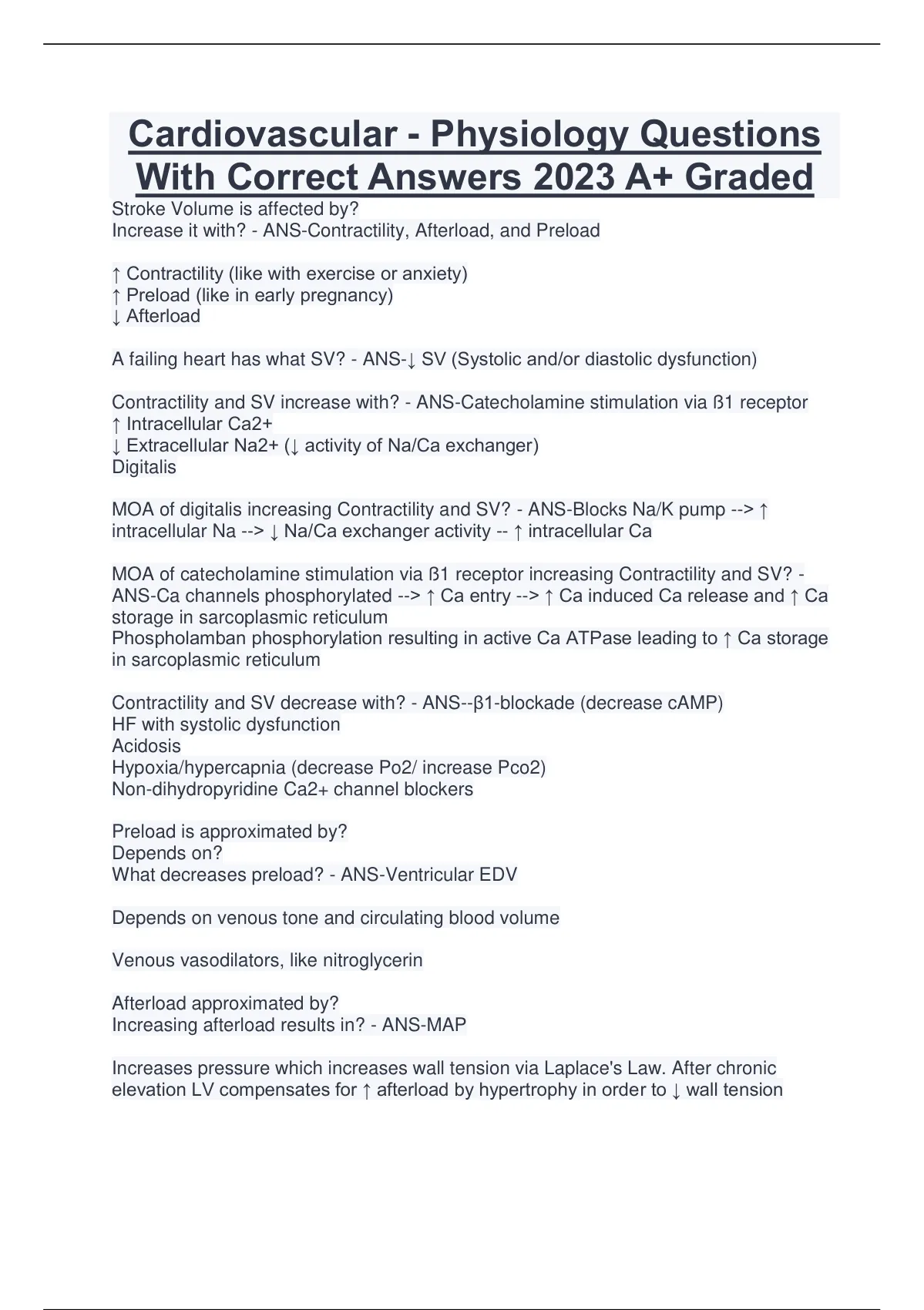 Cardiovascular - Physiology Questions With Correct Answers 2023 A+ ...