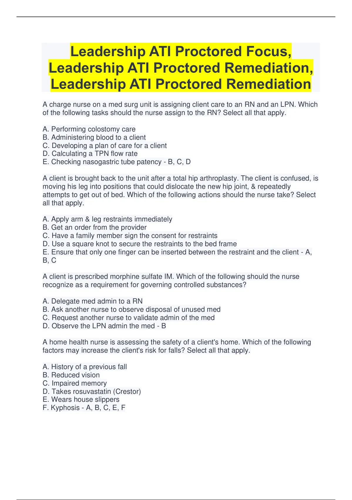 Leadership ATI Proctored Focus, Leadership ATI Proctored Remediation ...