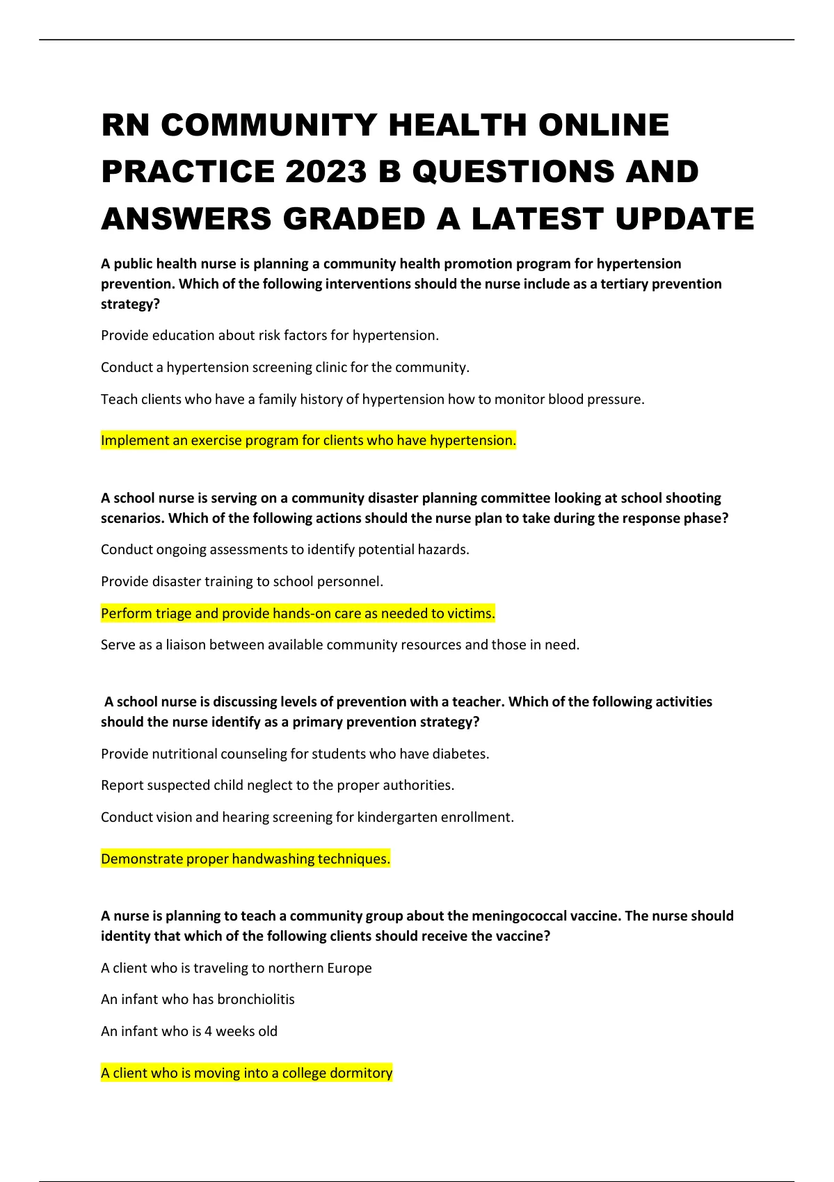 RN COMMUNITY HEALTH ONLINE PRACTICE 2023 B QUESTIONS AND ANSWERS GRADED ...